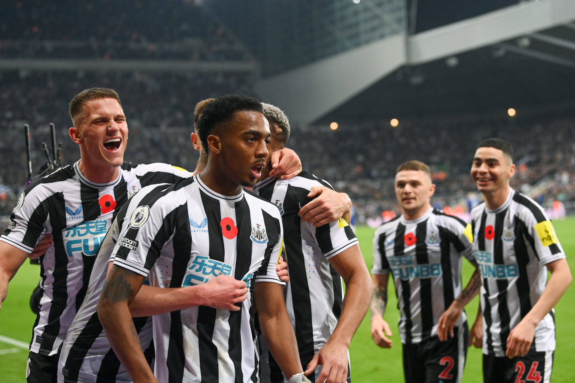 Newcastle United FC, black and white striped jerseys, stadium pitch, Full HD Desktop Wallpaper