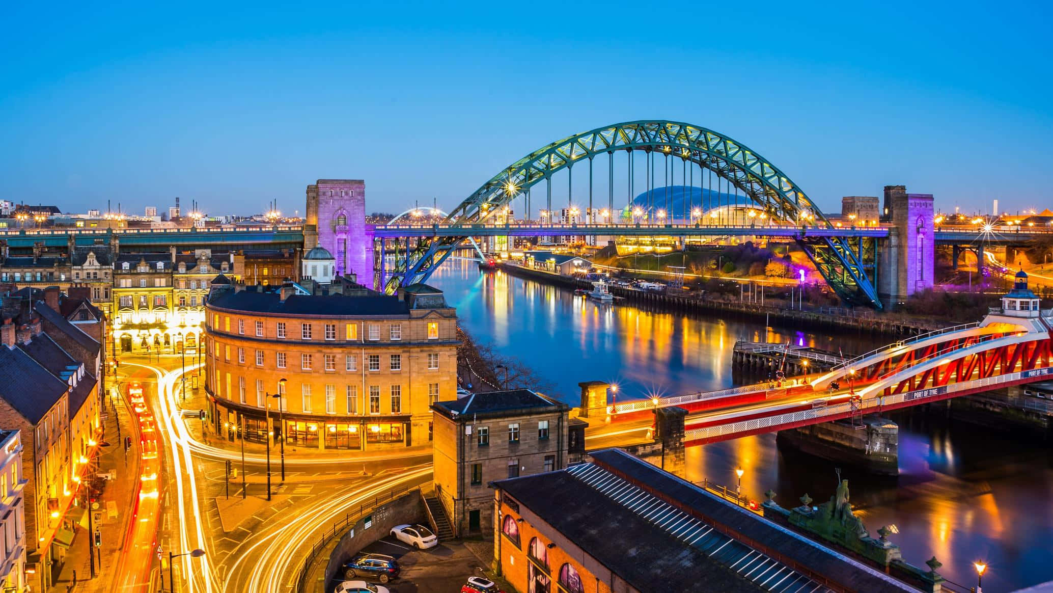 Newcastle Upon Tyne, dusk, glowing arched bridge, Full HD Desktop Wallpaper