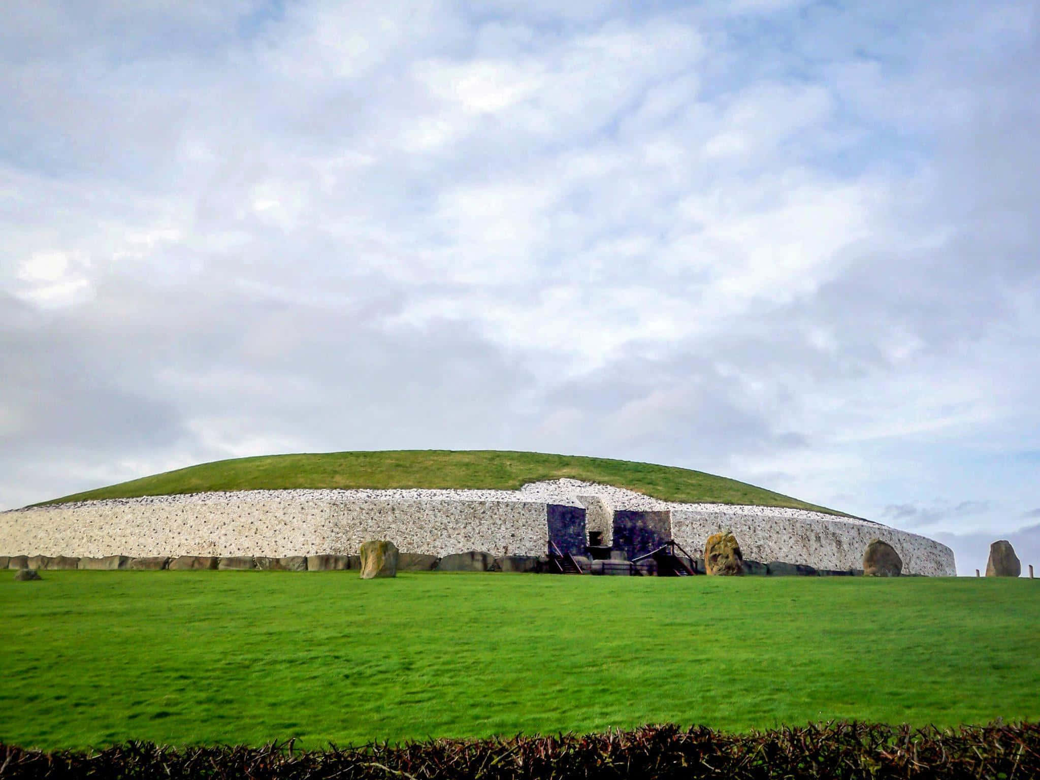 Newgrange, cloudy sky, grassy dome, Full HD Desktop Wallpaper
