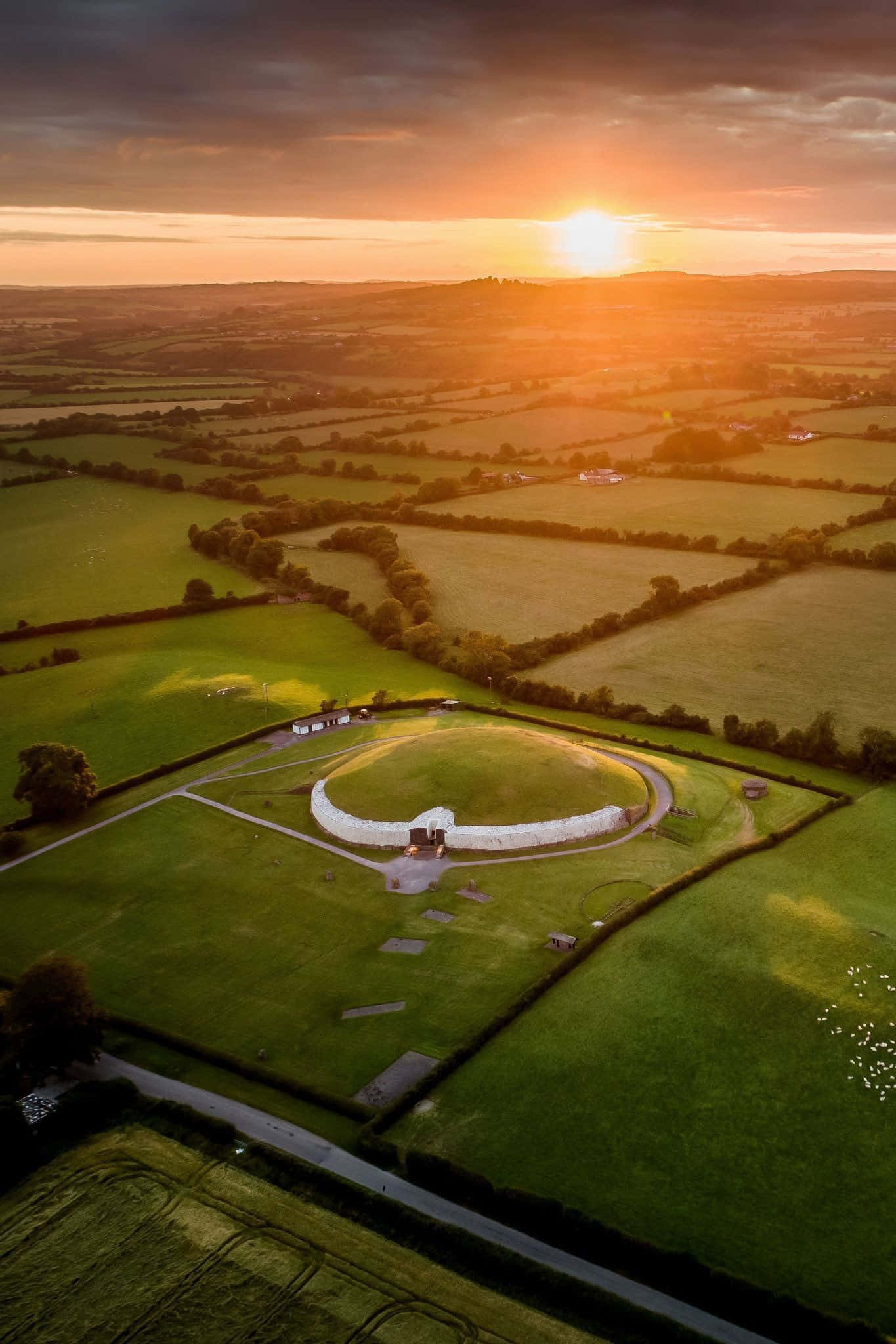 Newgrange, sunset, circular white stone structure, Full HD Phone Wallpaper
