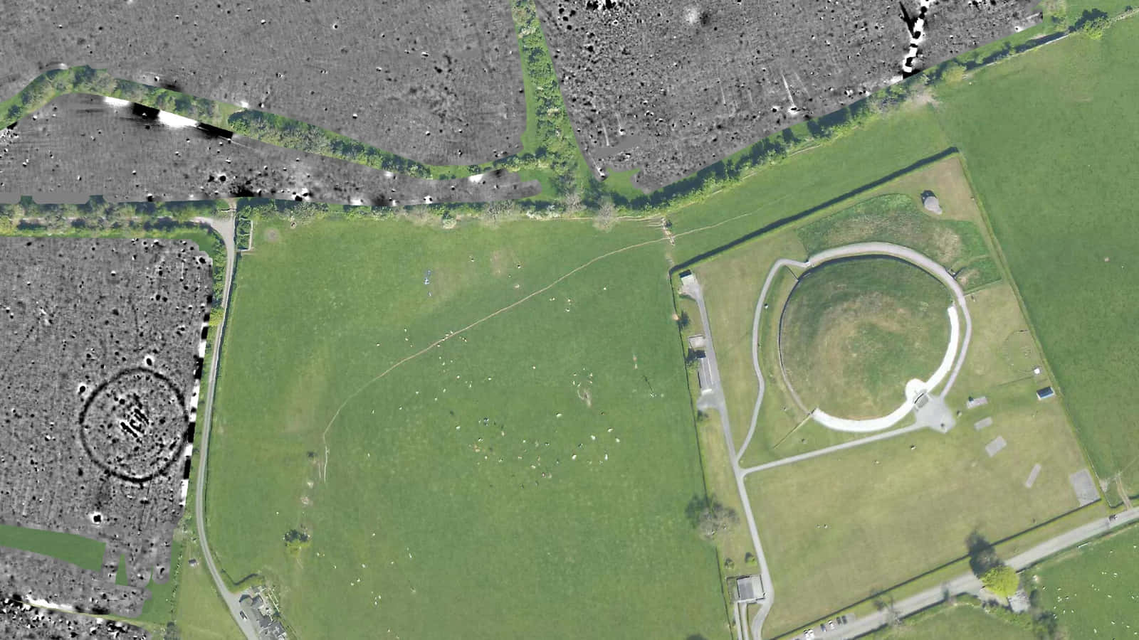 Newgrange, satellite view, circular white monument, HD Desktop Wallpaper