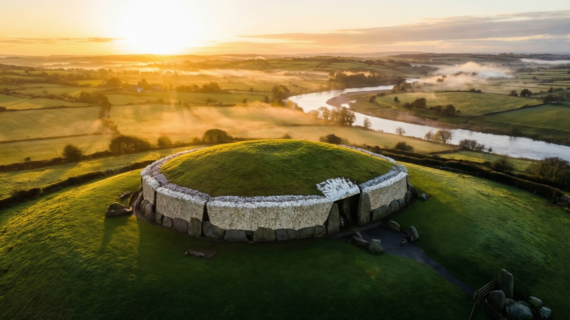 Newgrange, sunrise, grassy stone circle, Full HD Desktop Wallpaper
