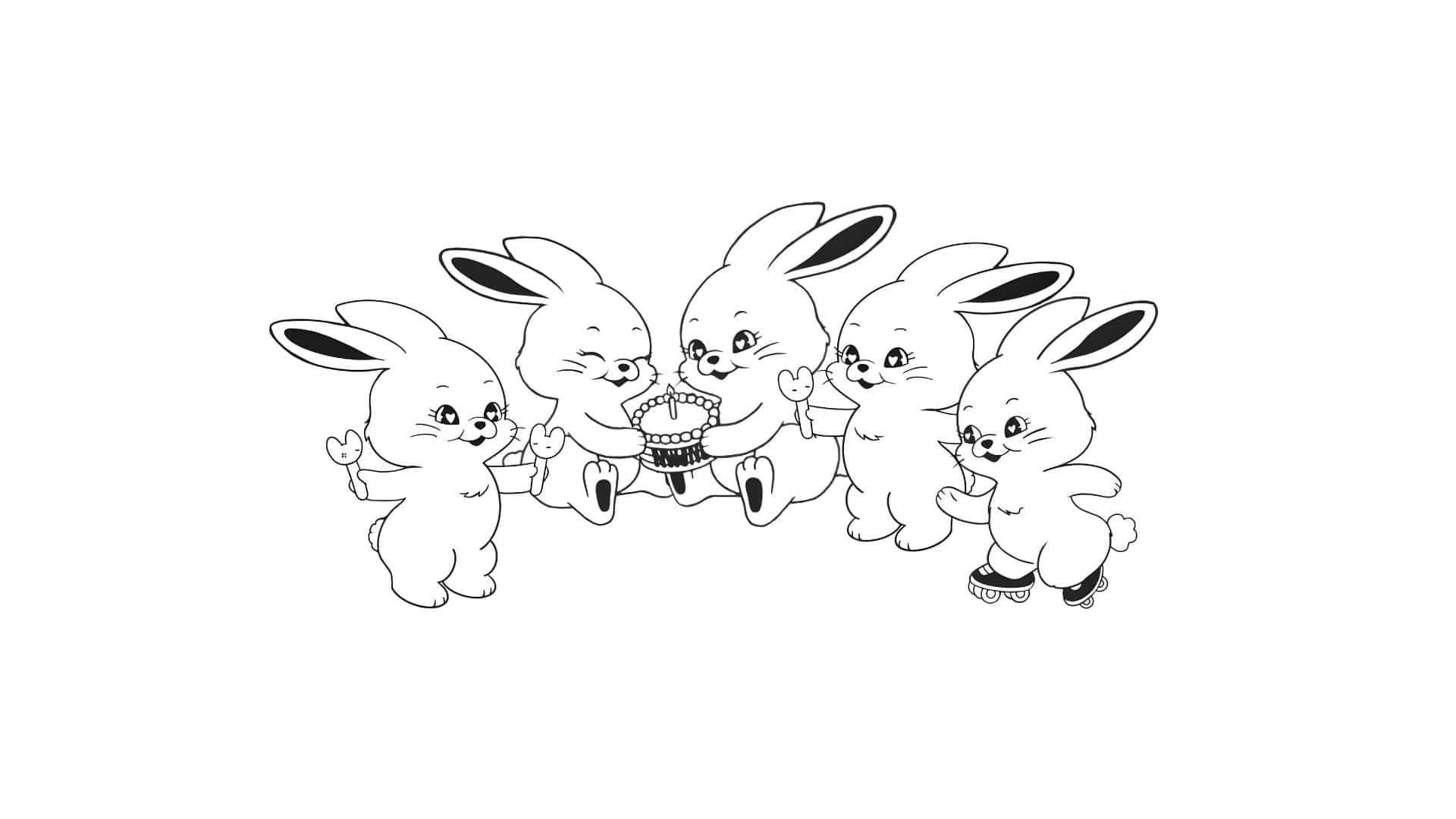 Newjeans Bunny, black and white line art, five cartoon bunnies, Full HD Desktop Wallpaper
