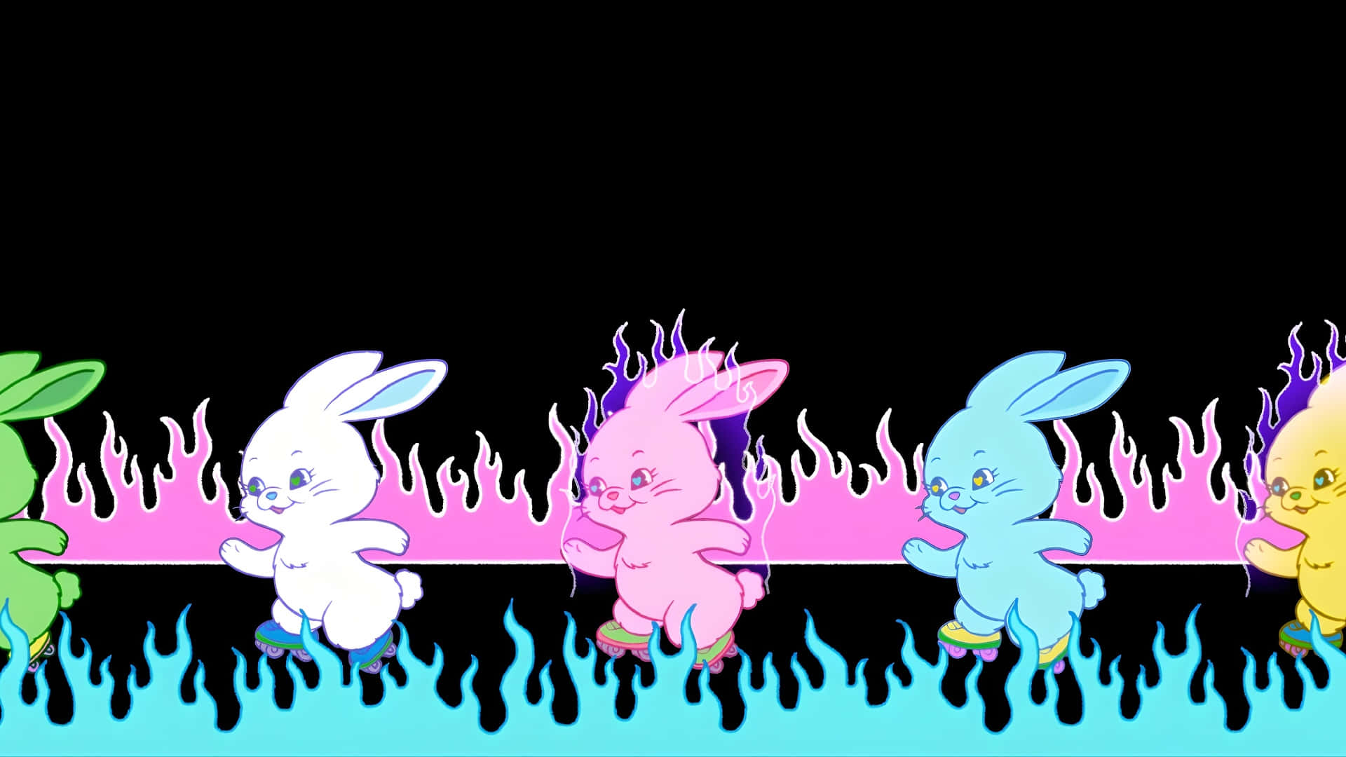 Newjeans Bunny, colorful cartoon bunnies, pink and blue flame border, Full HD Desktop Wallpaper