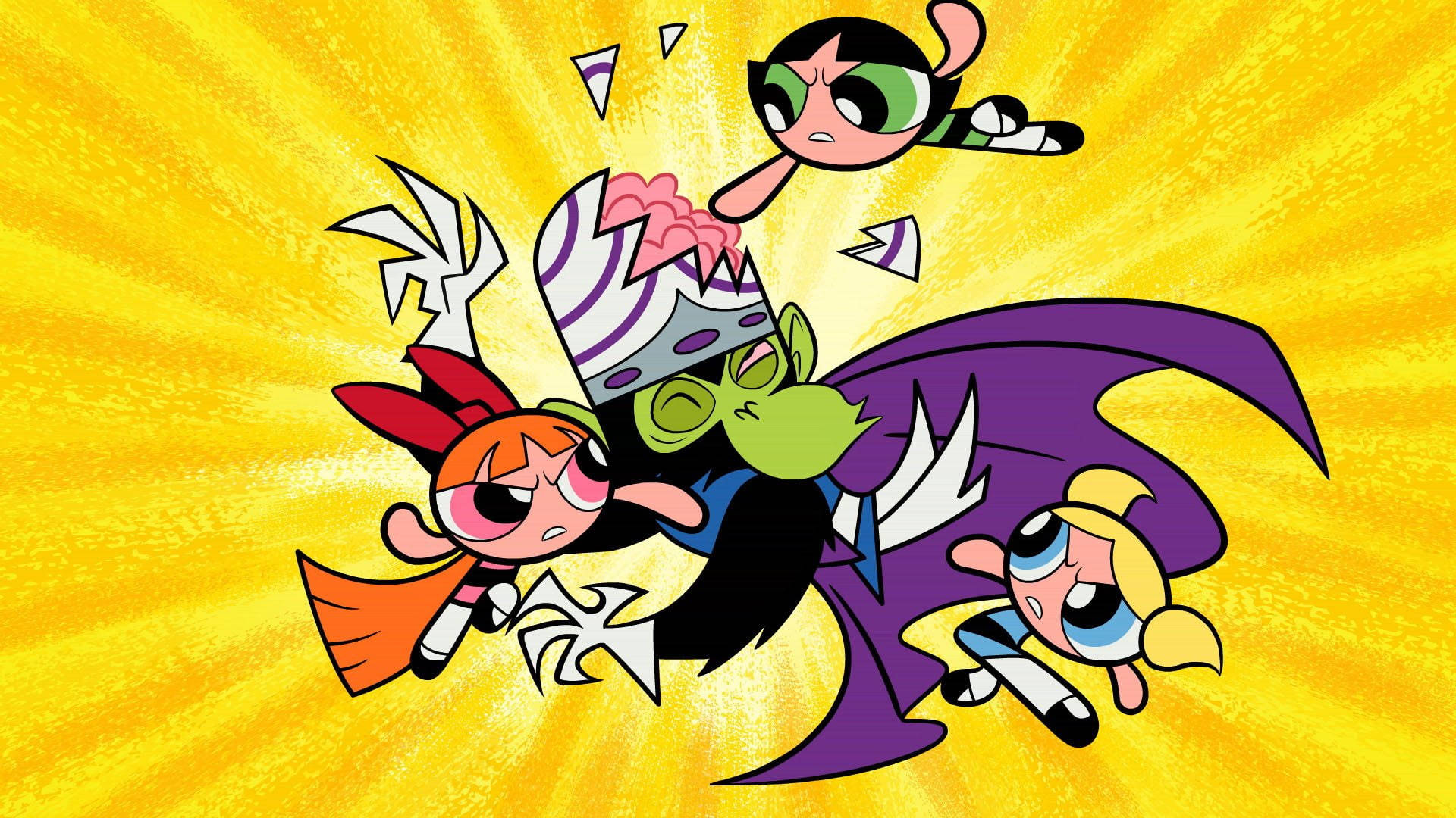 Powerpuff Girls, green villain, radiant yellow sunburst background, Full HD Desktop Wallpaper