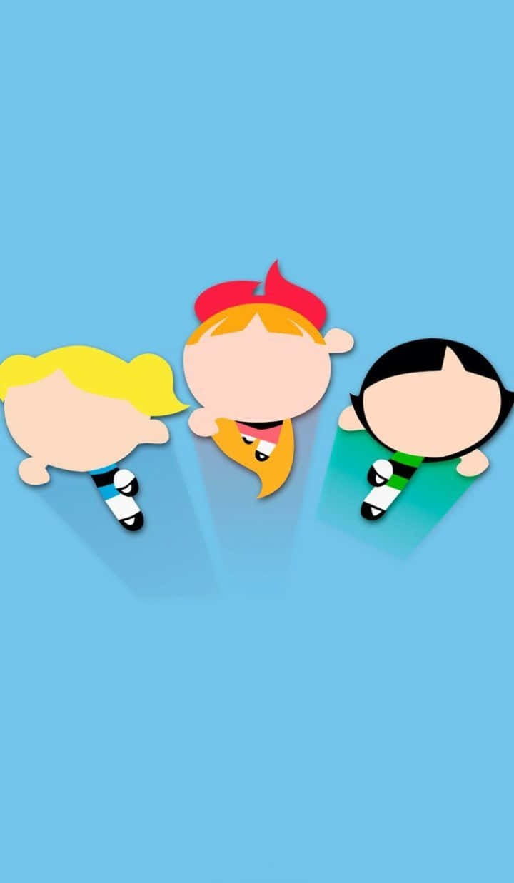 Powerpuff Girls, solid blue background, soft shadows, SD Phone Wallpaper