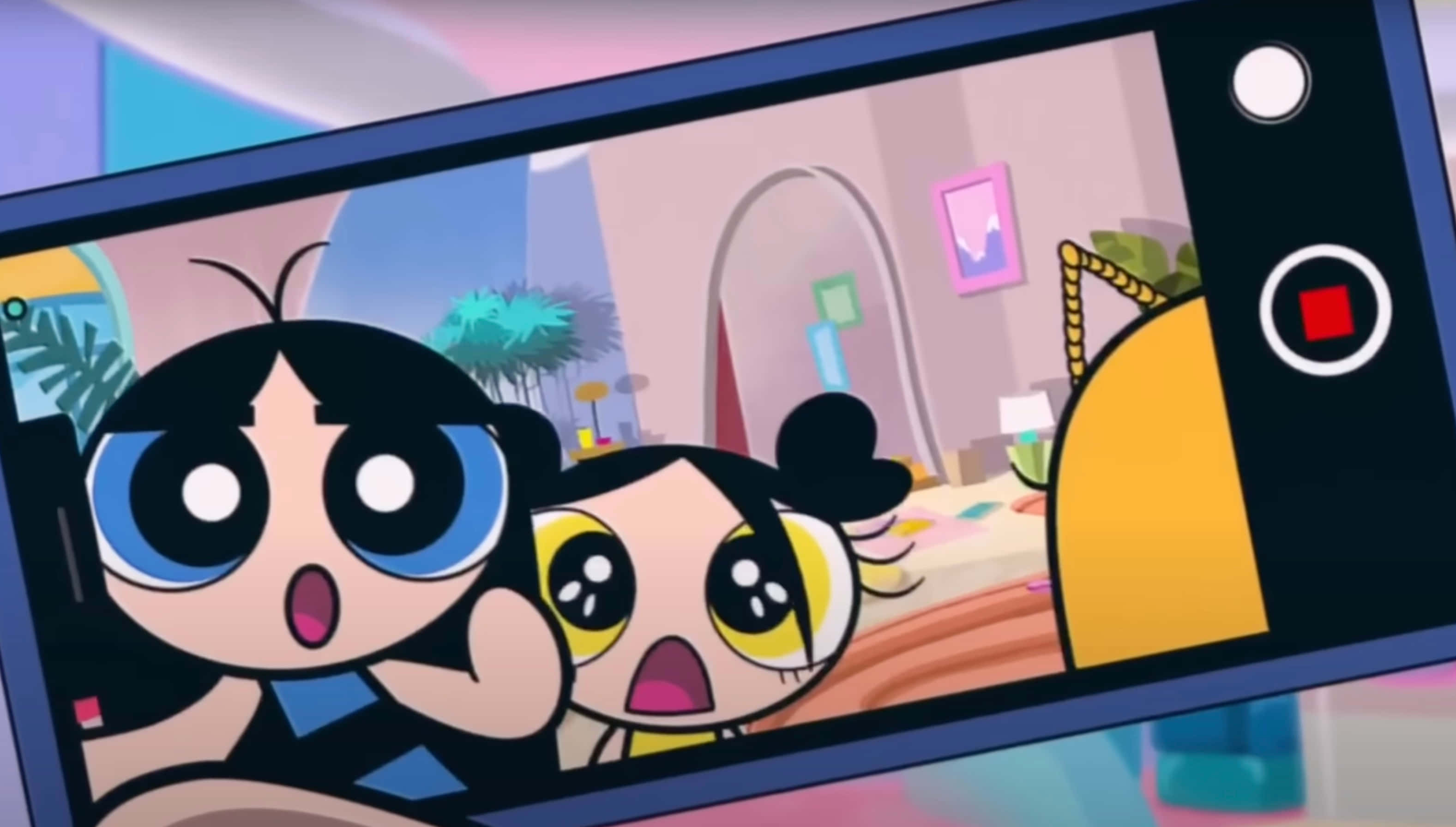 Powerpuff Girls, smartphone screen, colorful animated scene, 2K Desktop Wallpaper