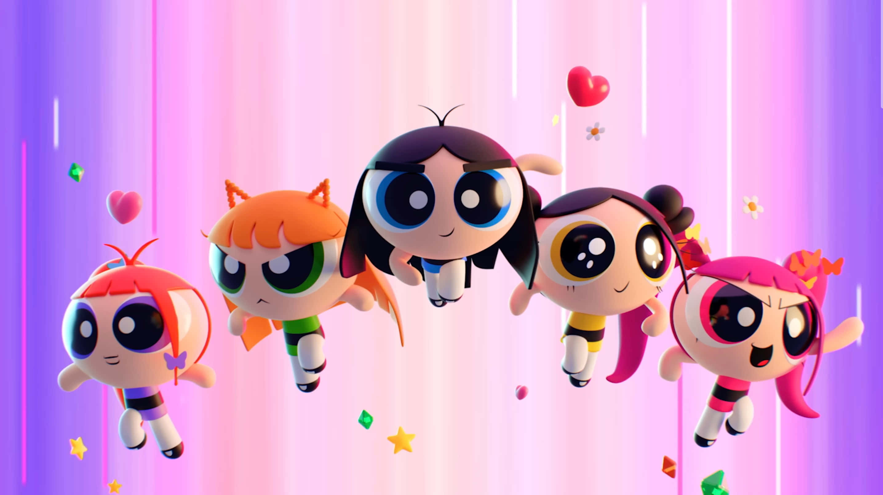 Powerpuff Girls, glowing pink and purple striped background, floating hearts, 2K Desktop Wallpaper