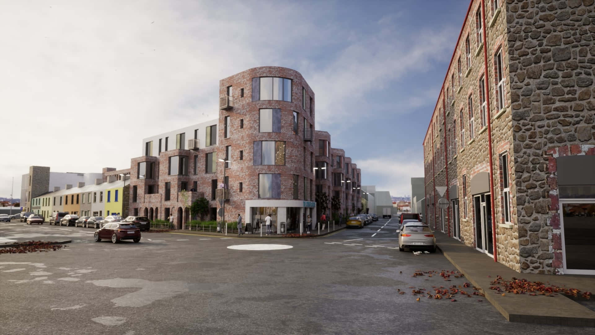 Newry, urban development rendering, modern curved brick apartment buildings, Full HD Desktop Wallpaper