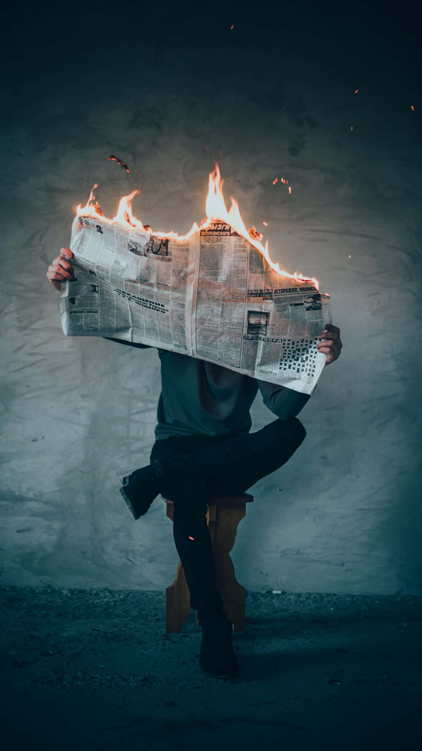 flaming newspaper, burning newspaper, dark textured wall, Full HD Phone Wallpaper