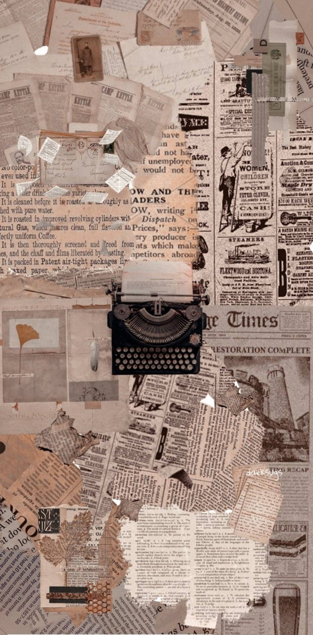 vintage typewriter, aged newspaper clippings, faded documents, Full HD Phone Wallpaper