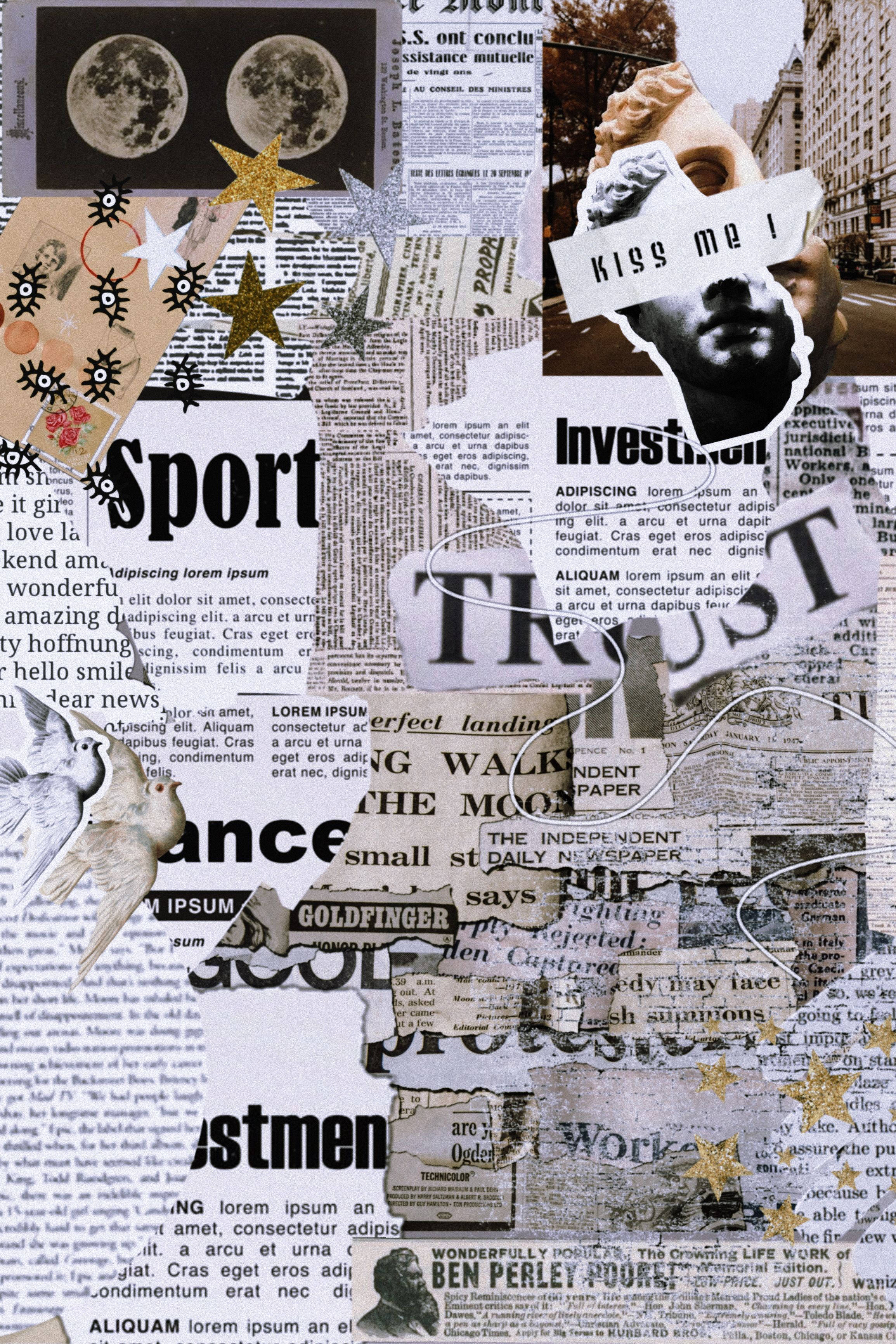 Newspaper Aesthetic, torn newspaper clippings, bold headlines, 2K Phone Wallpaper
