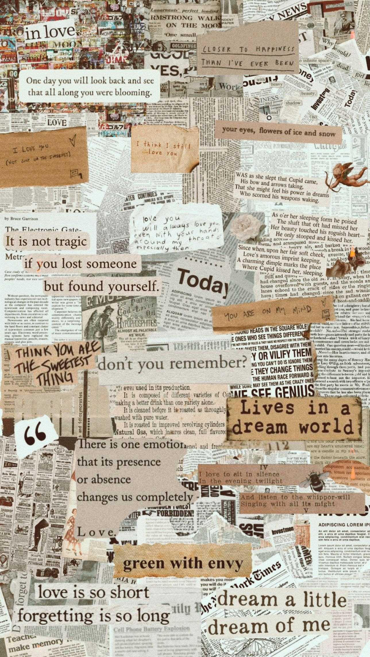 Newspaper Aesthetic, torn newspaper clippings, handwritten quotes, Full HD Phone Wallpaper