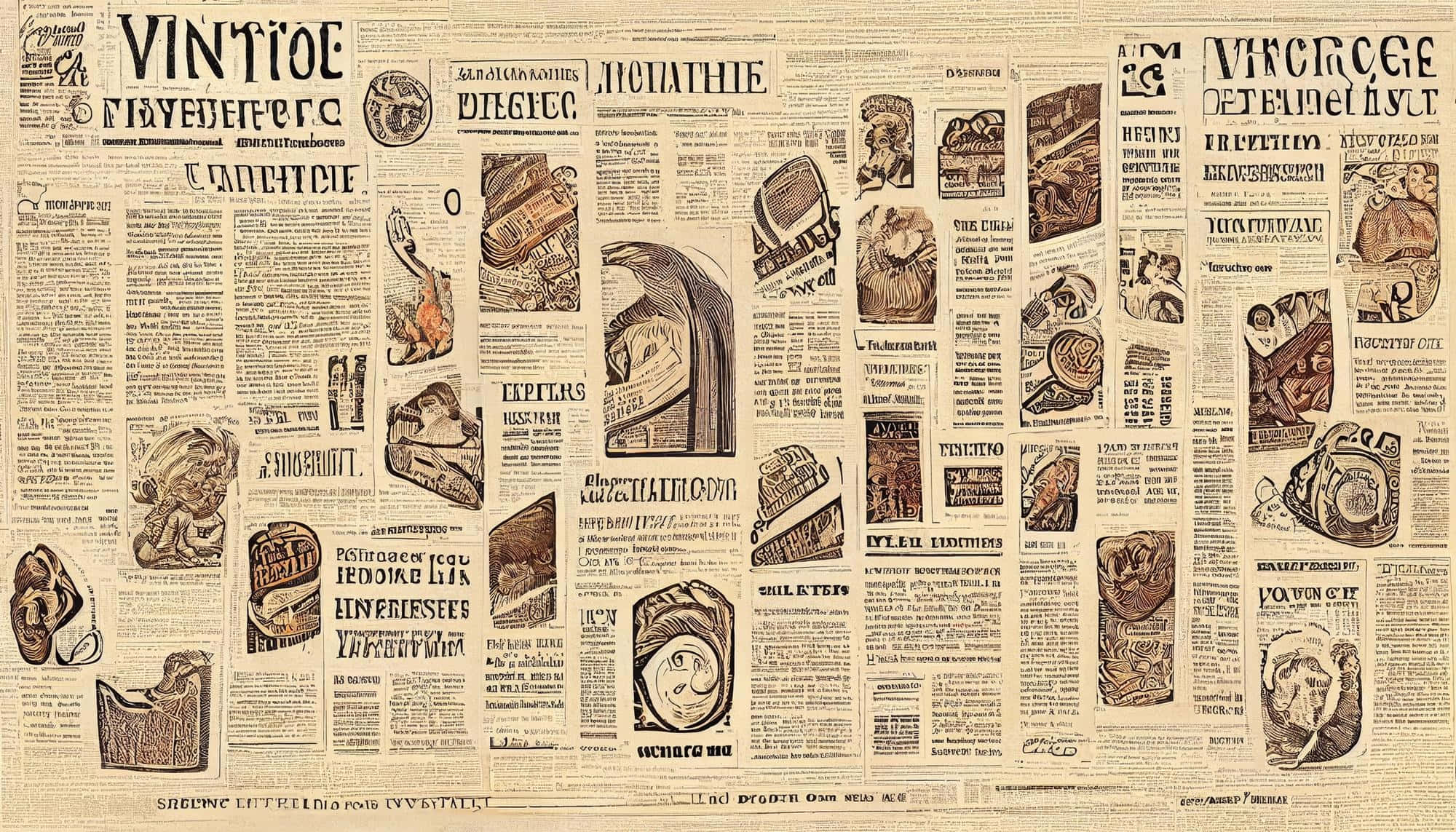 vintage newspaper, aged yellowed pages, ornate illustrations, Full HD Desktop Wallpaper