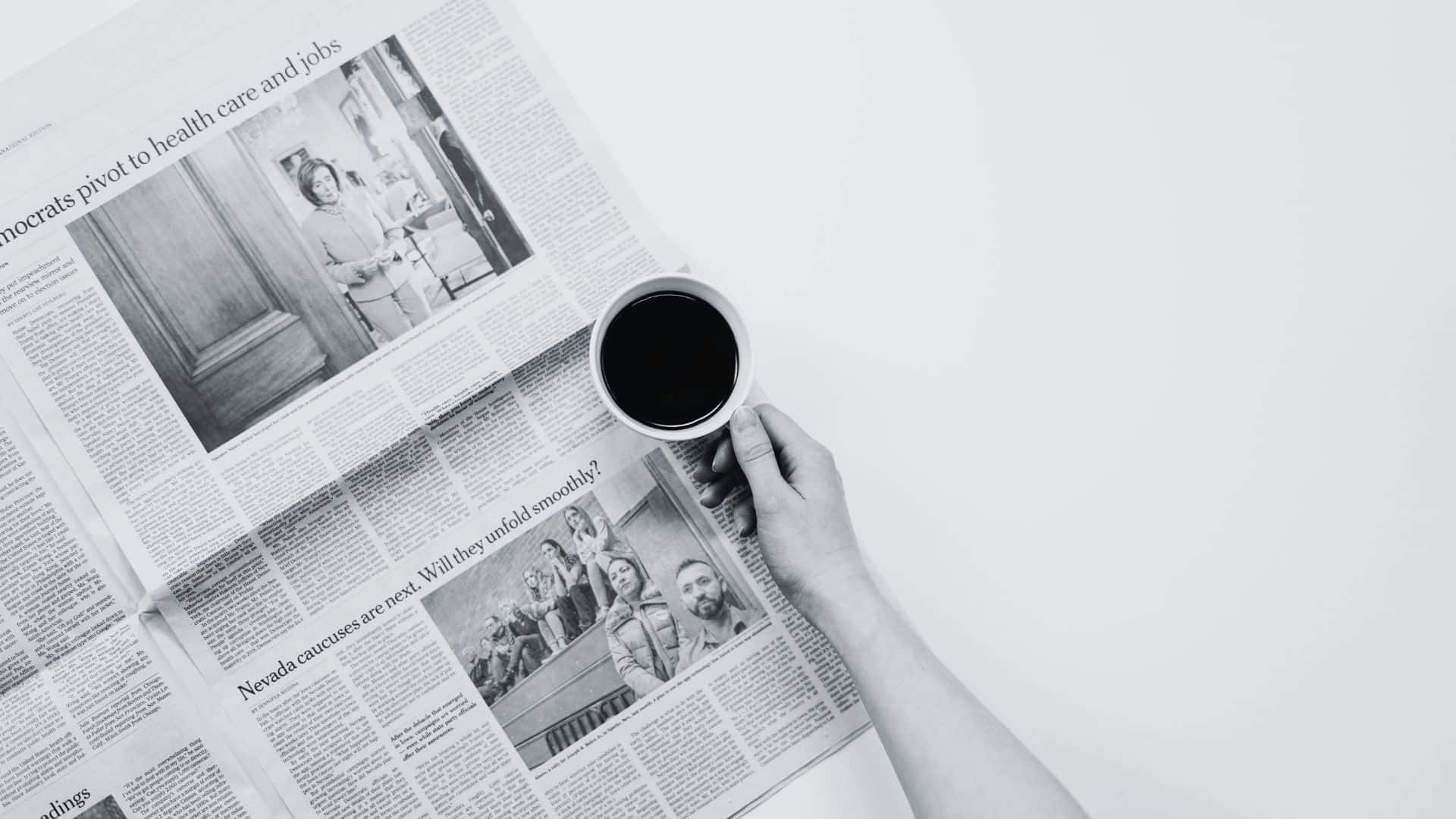 black and white newspaper, coffee cup, newspaper headlines, Full HD Desktop Wallpaper