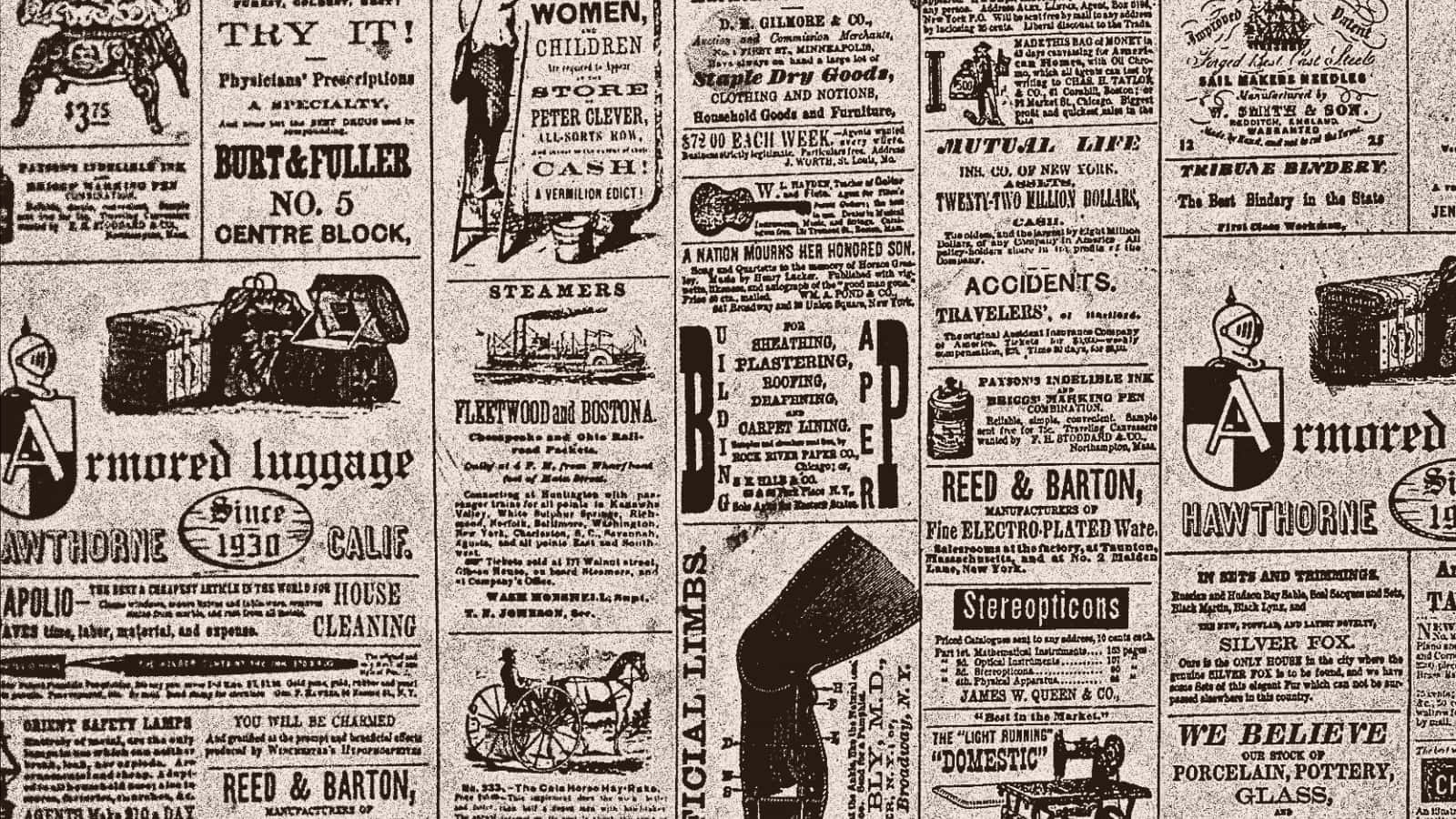 black and white newspaper, vintage newspaper collage, 19th century advertisements, HD Desktop Wallpaper