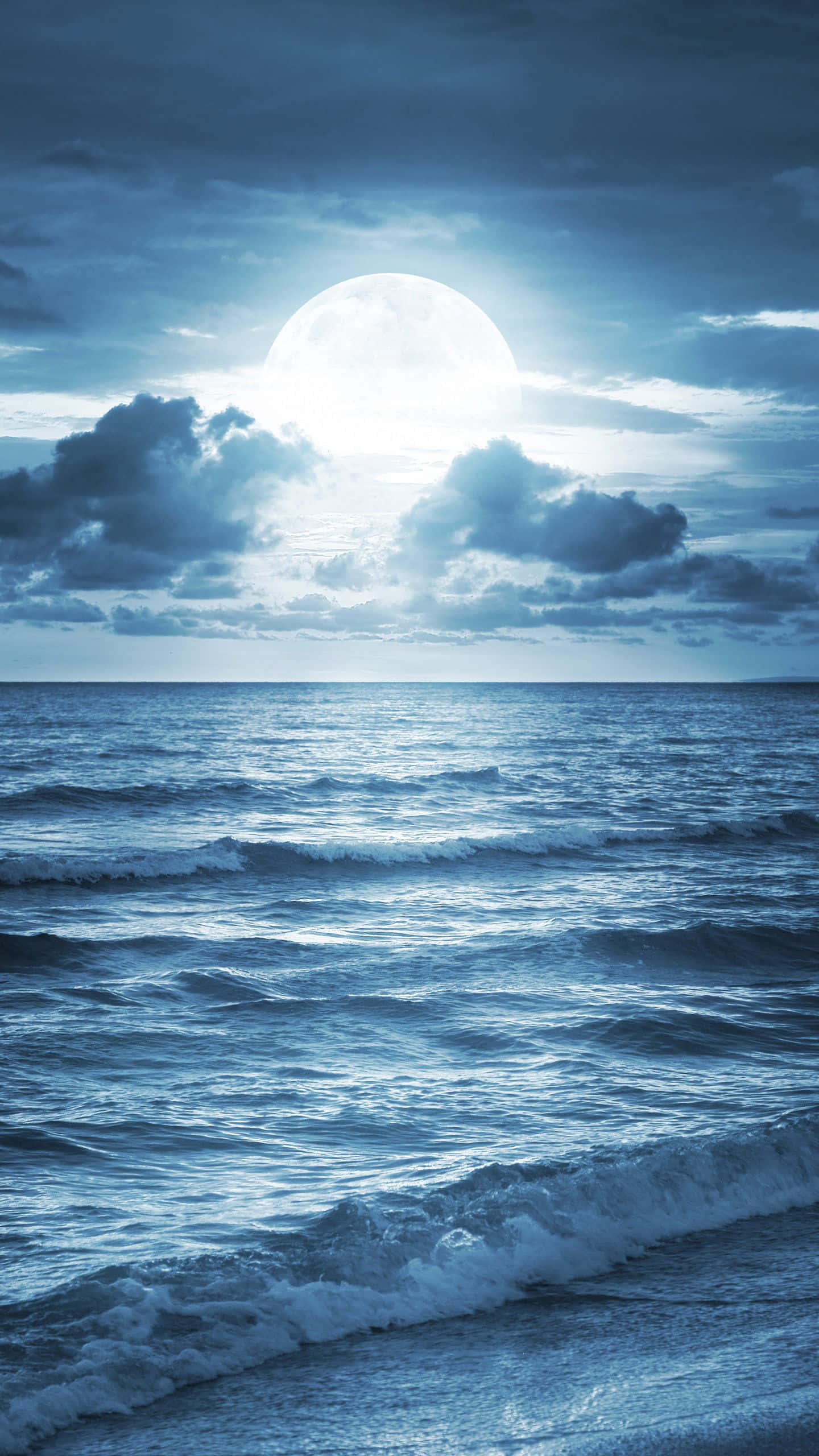 Nexus 6, luminous full moon, turbulent ocean, 2K Phone Wallpaper