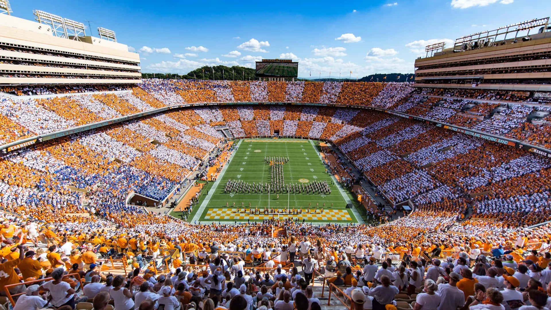 Neyland Stadium, orange and white, green football field, Full HD Desktop Wallpaper