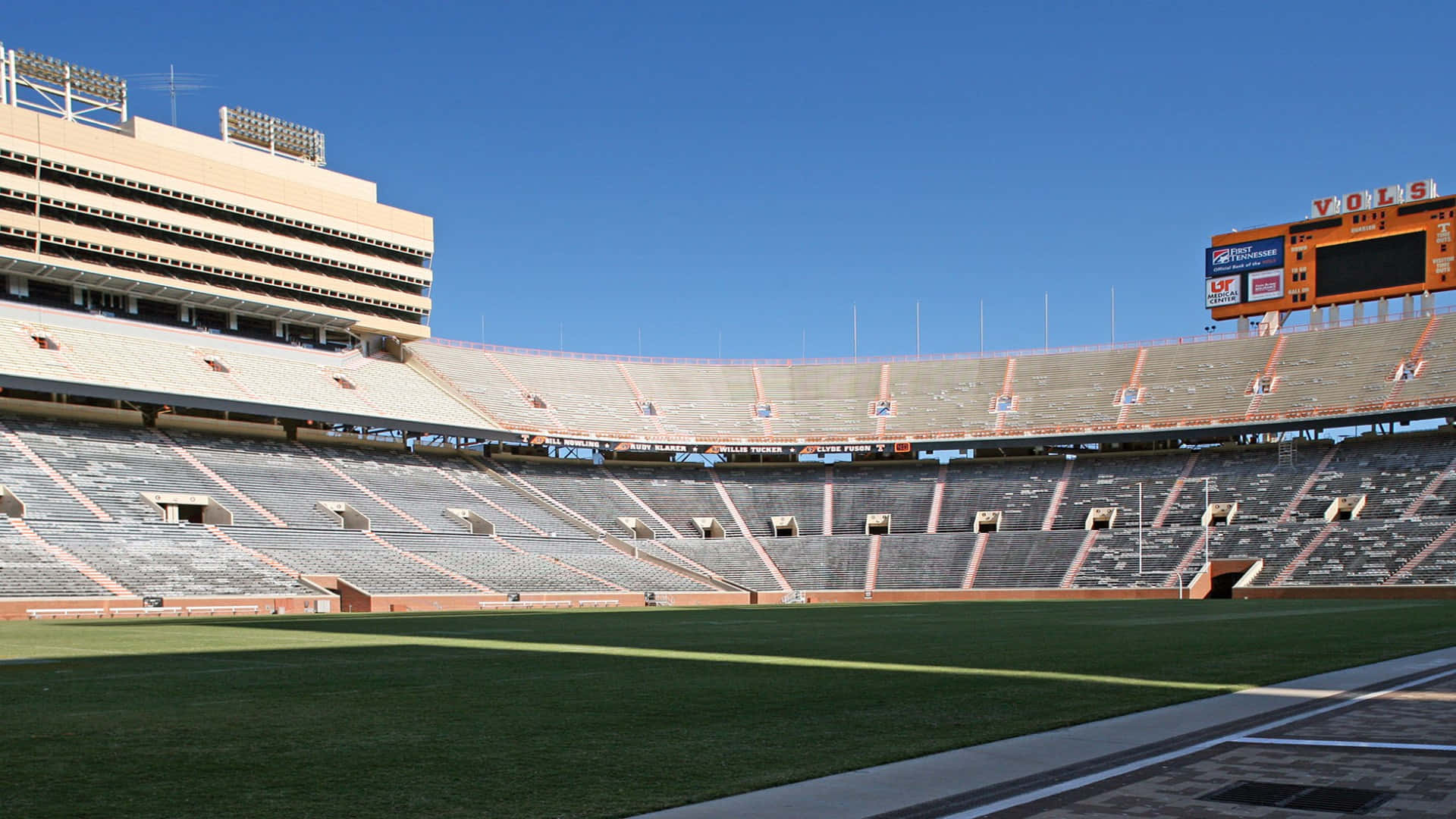 Neyland Stadium, green turf, orange bleachers, Full HD Desktop Wallpaper