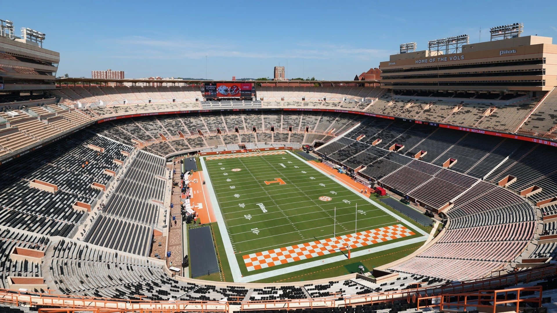 Neyland Stadium, vibrant green field, orange and white checkered end zones, Full HD Desktop Wallpaper