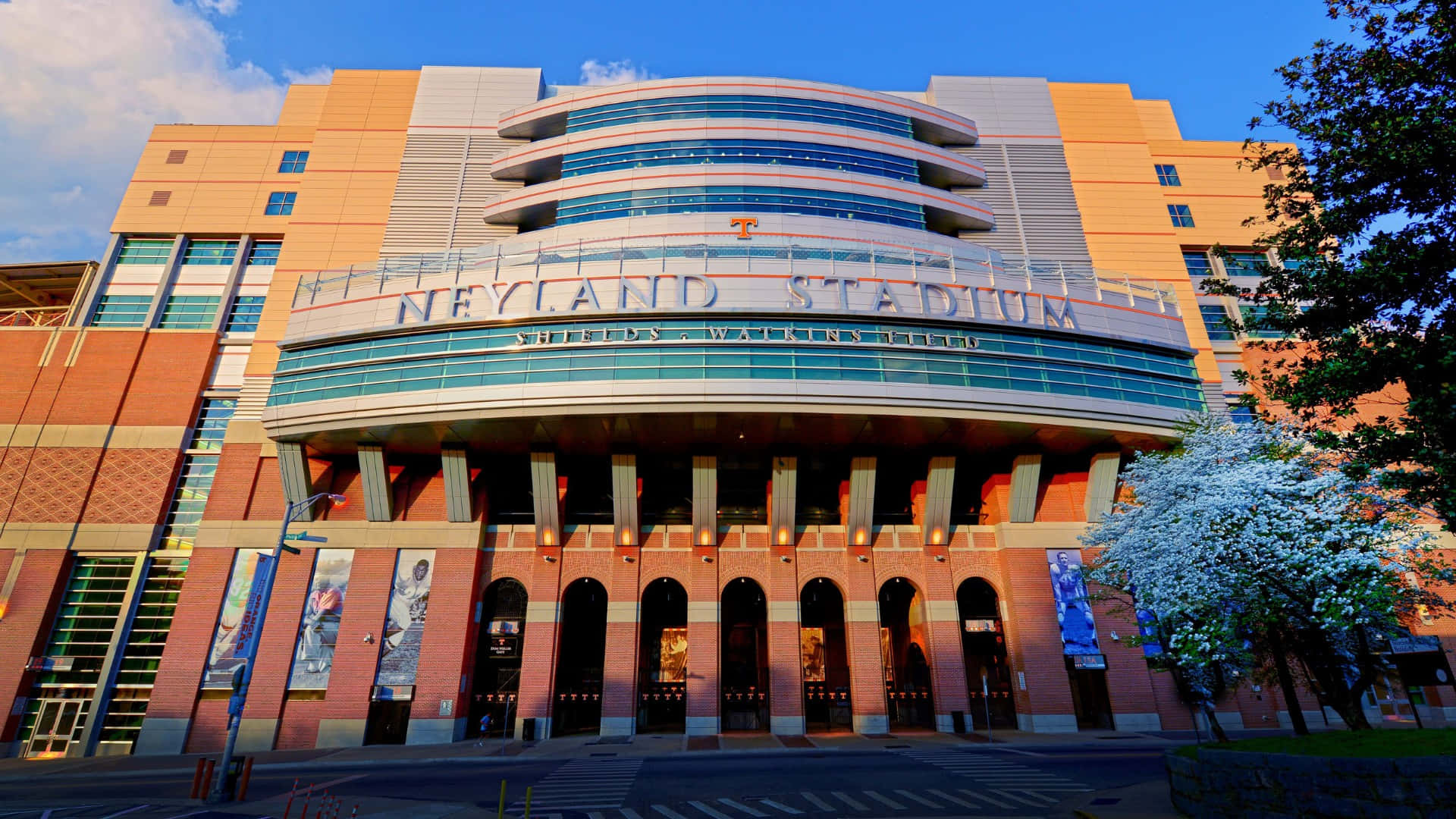 Neyland Stadium, golden afternoon light, arched brick portals, Full HD Desktop Wallpaper