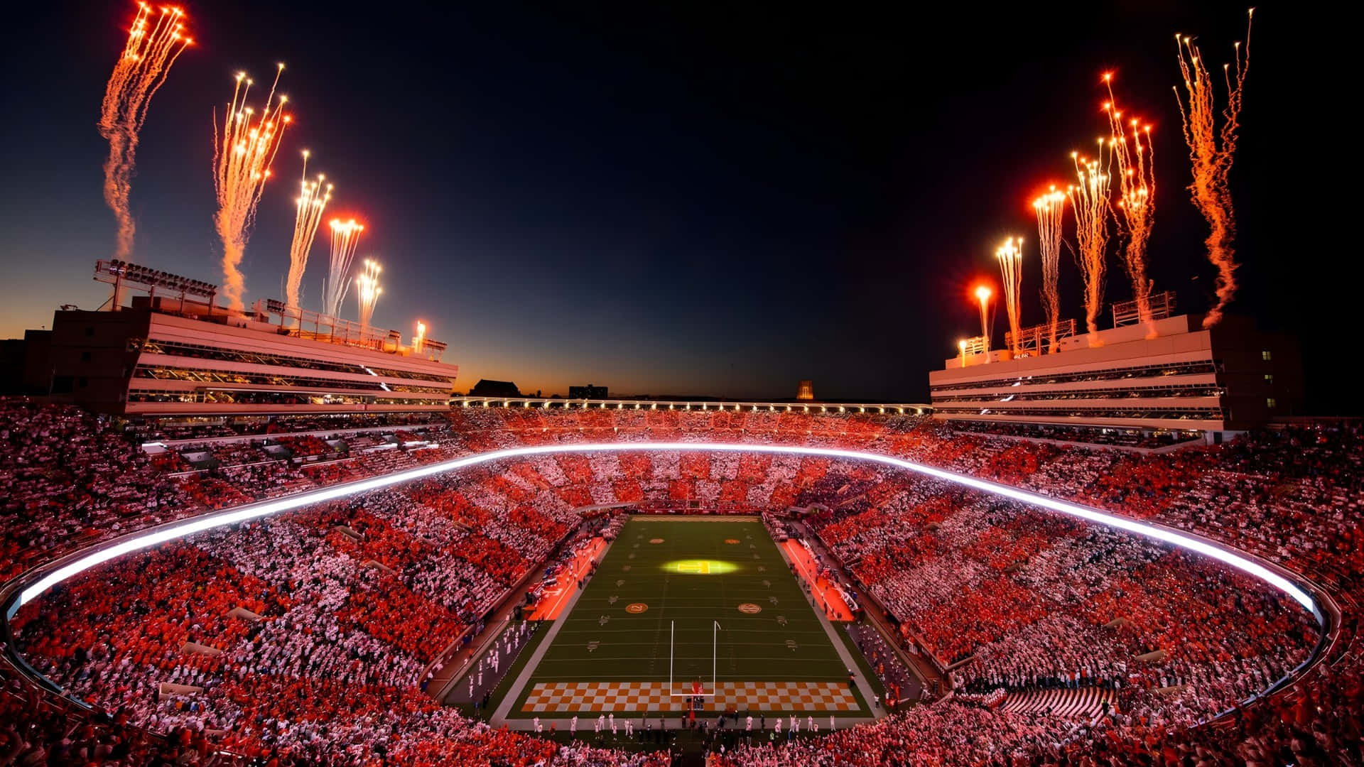 Neyland Stadium, night game, vibrant red fireworks, Full HD Desktop Wallpaper