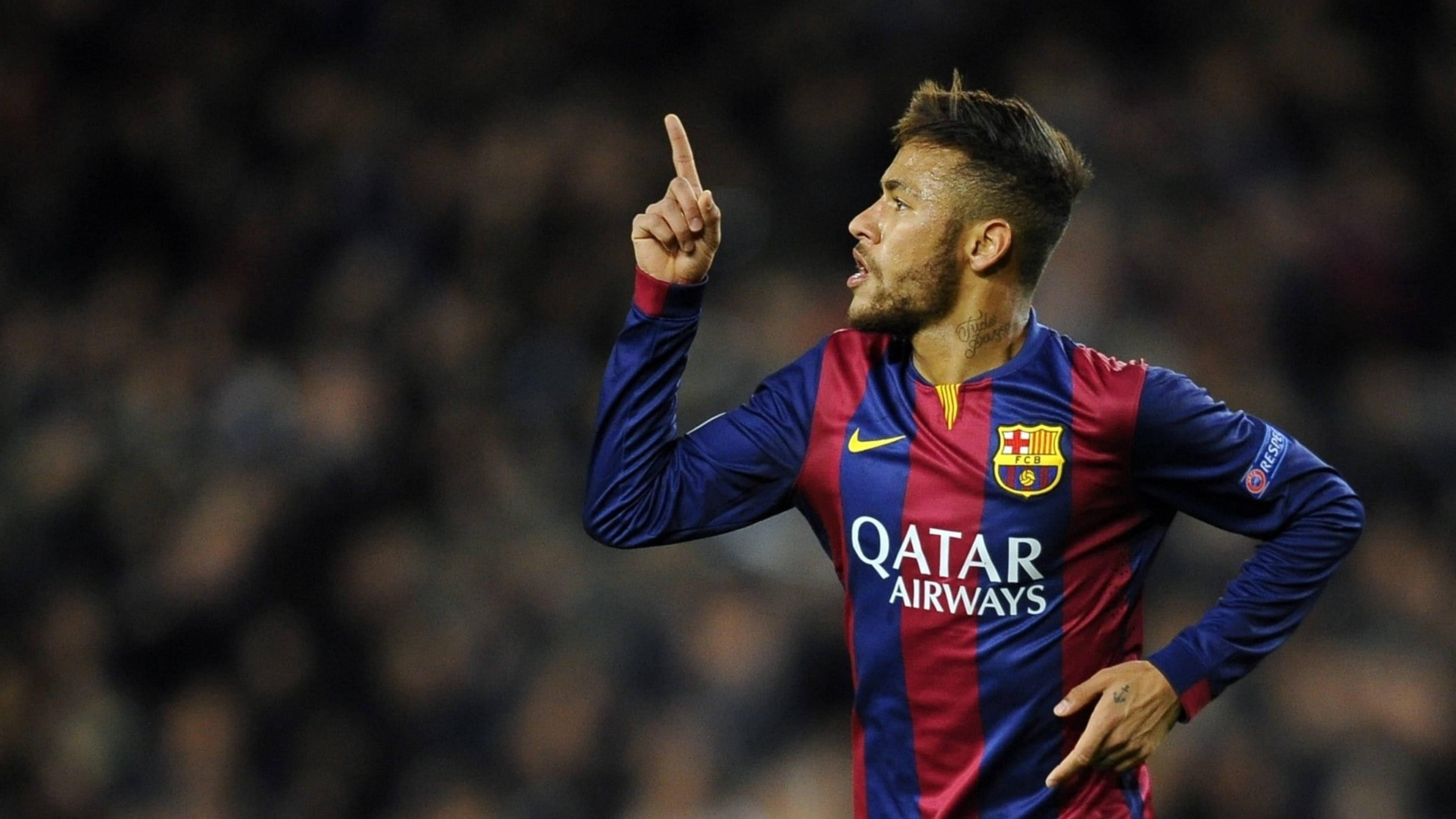 Neymar, blue and red striped jersey, pointing upward, 4K Desktop Wallpaper