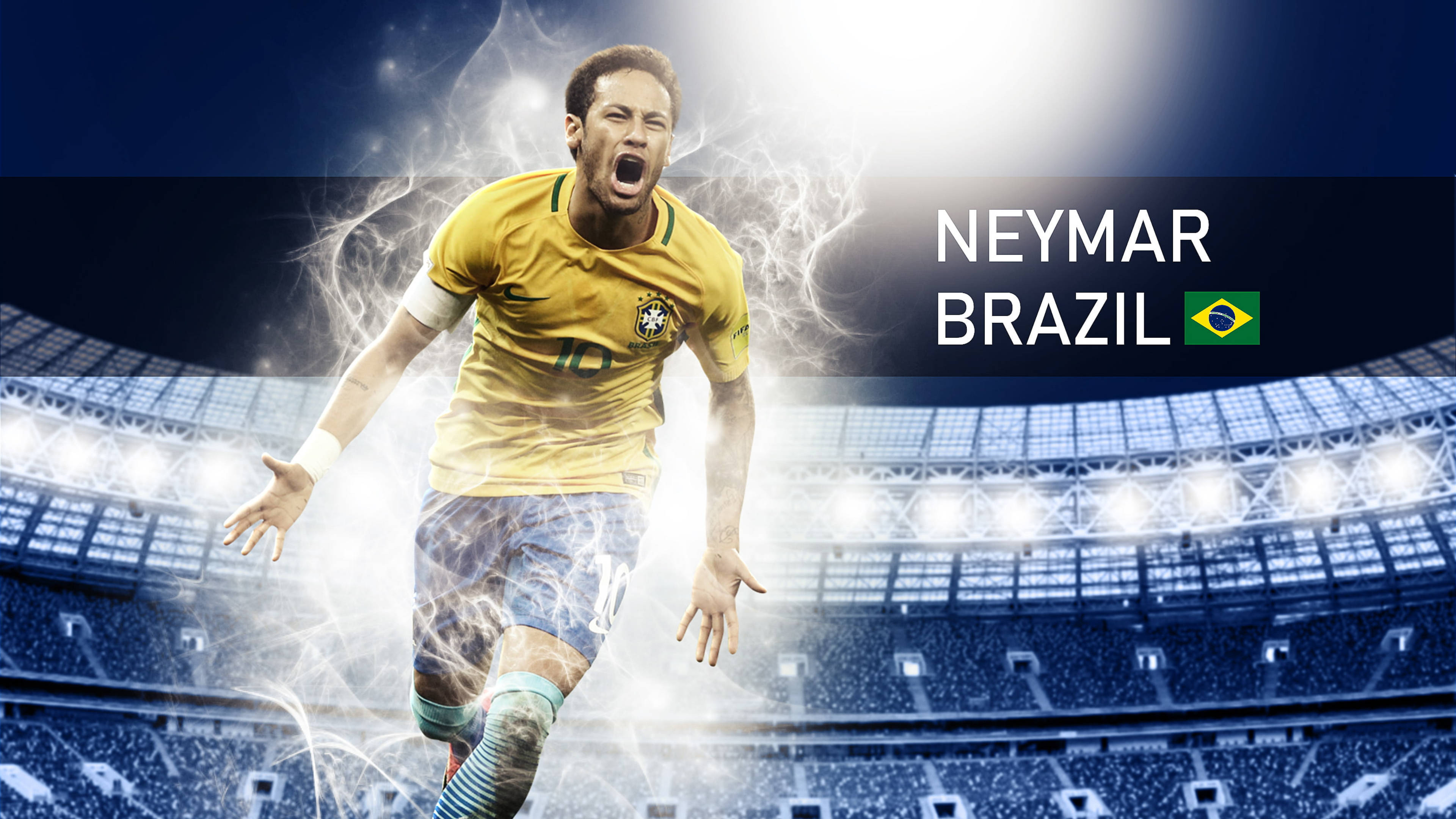Neymar, yellow Brazil jersey, packed stadium, 4K Desktop Wallpaper