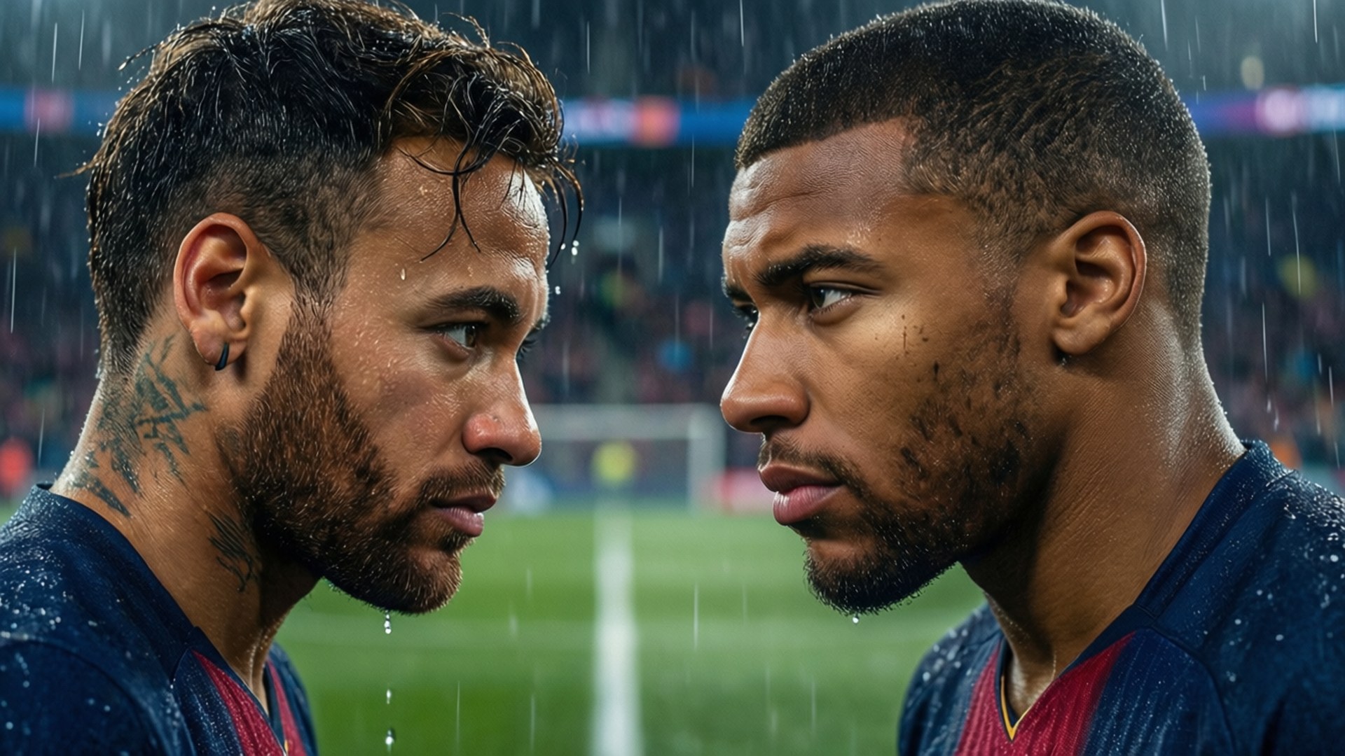 Neymar, Mbappe, rainy match scene, Full HD Desktop Wallpaper