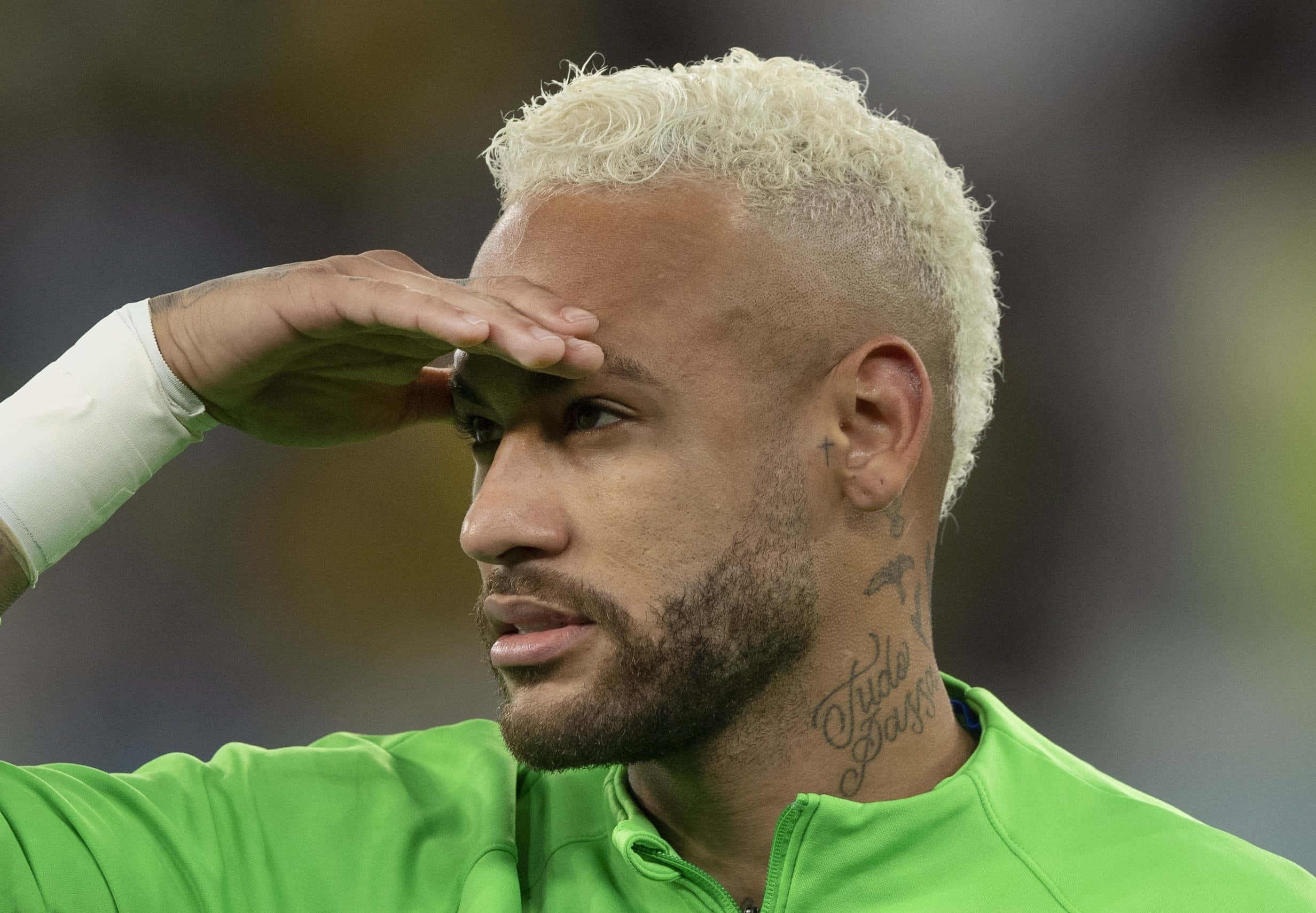 Neymar, platinum blonde hair, bright green jacket, Full HD Desktop Wallpaper