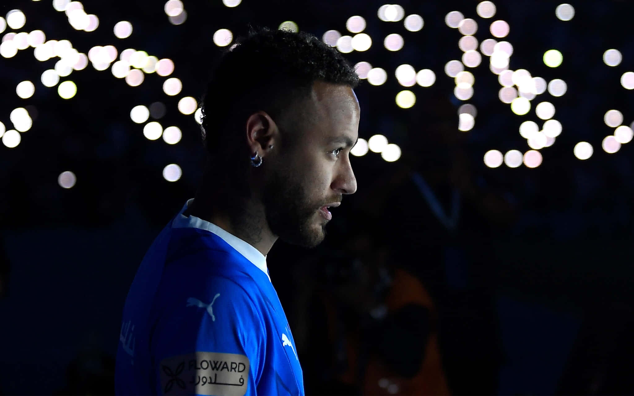 Neymar, blue Al-Hilal jersey, bokeh lights, Full HD Desktop Wallpaper