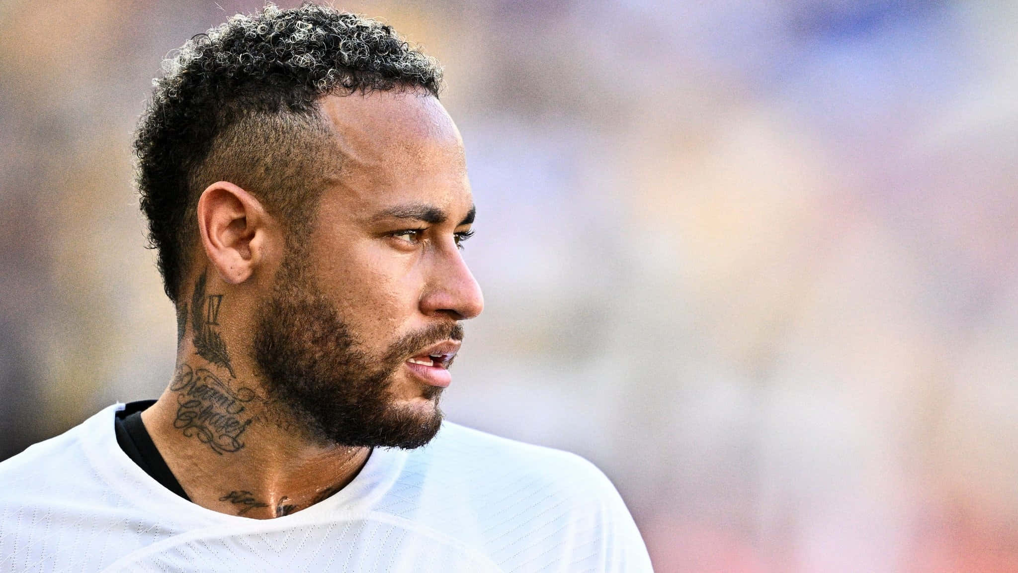 Neymar, white jersey, neck tattoos, Full HD Desktop Wallpaper