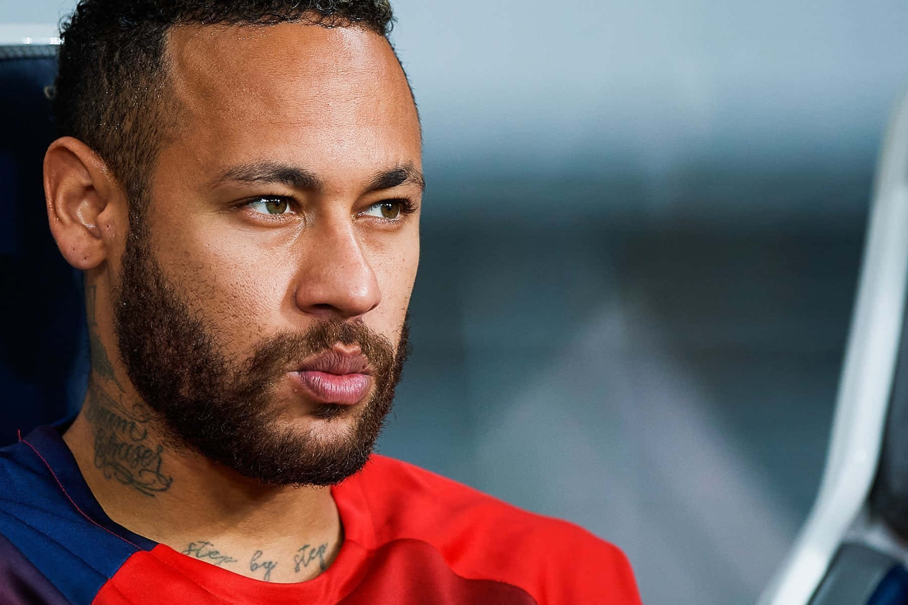 Neymar, red and blue sports jersey, neck tattoos, HD Desktop Wallpaper