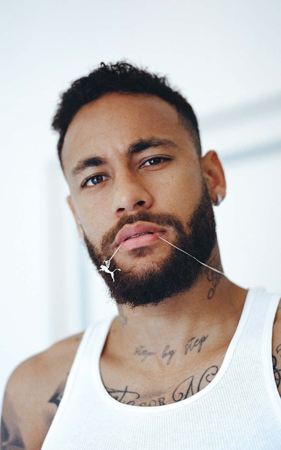 Neymar, white tank top, tattoos on neck and chest, HD Phone Wallpaper