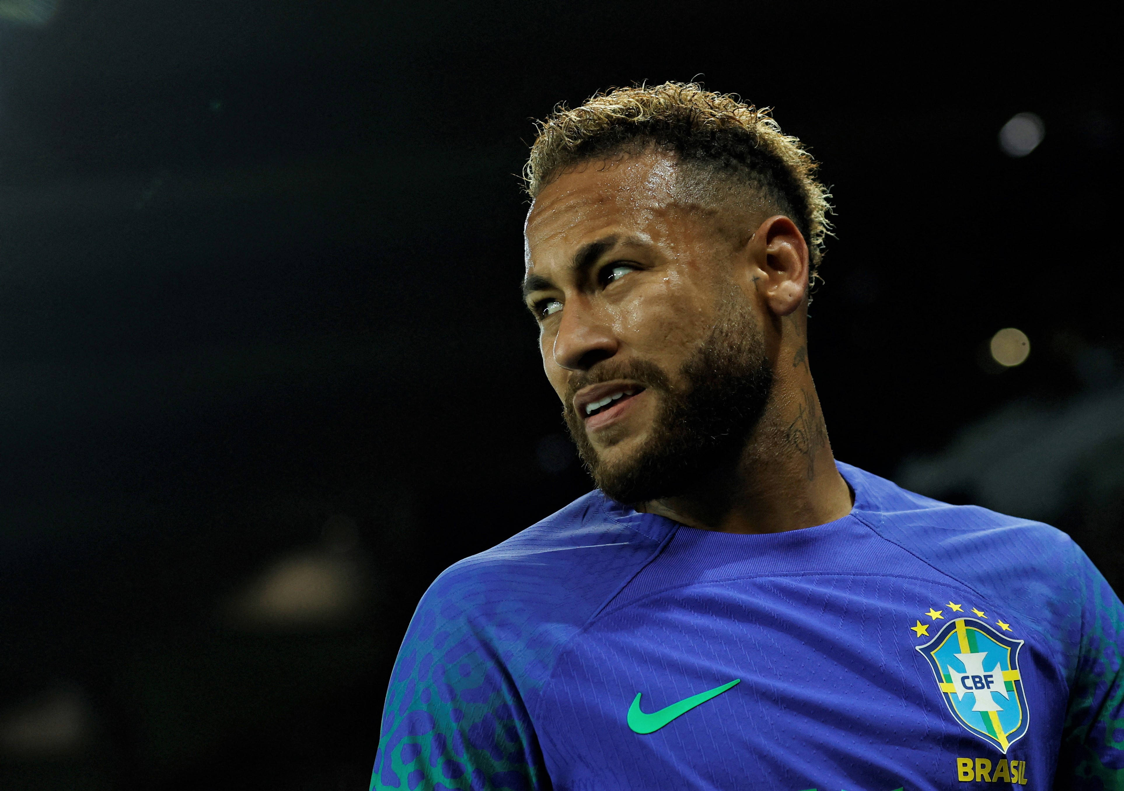Neymar Jr, blue Brazil jersey, stadium lights, 4K Desktop Wallpaper