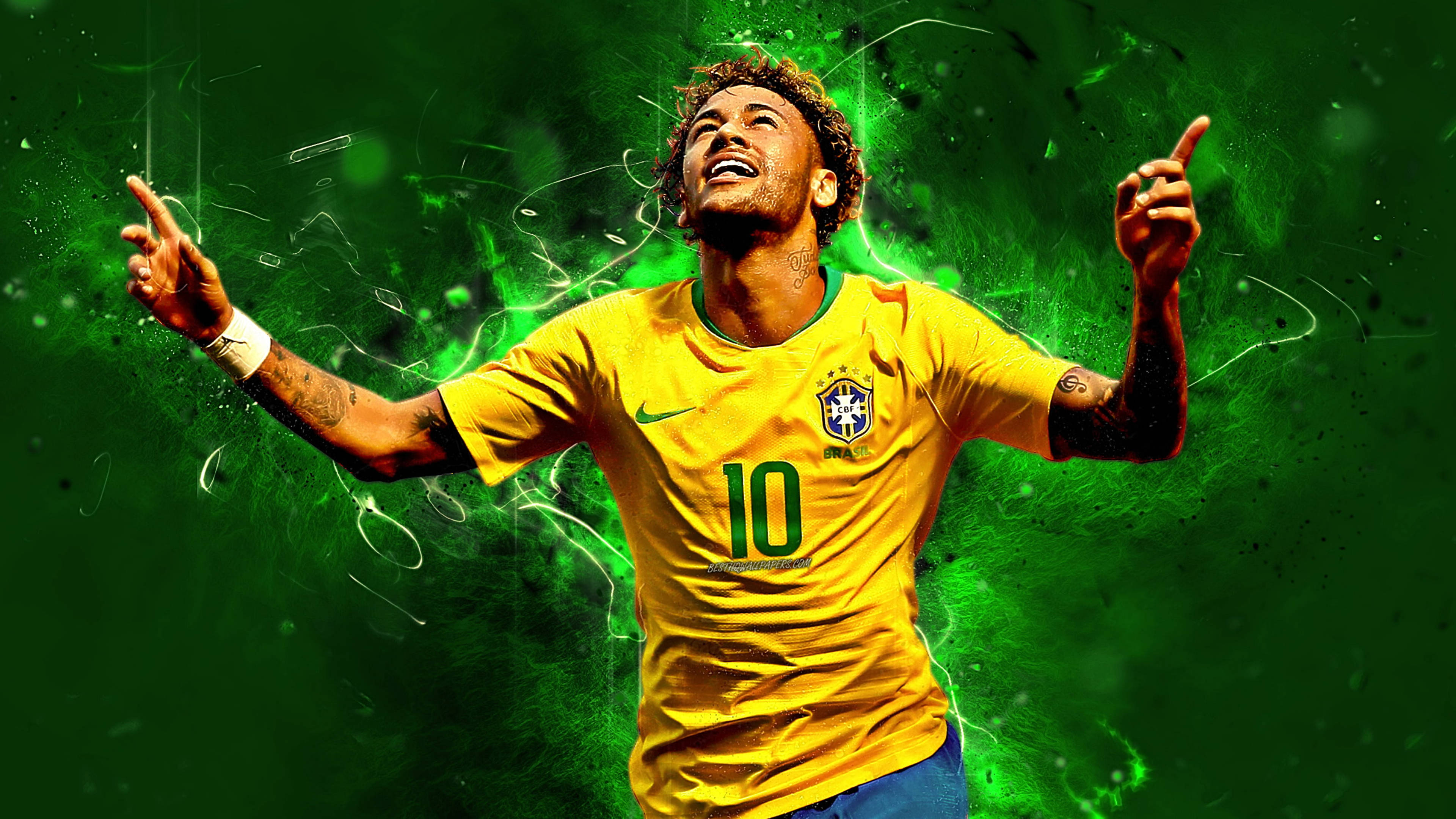 Neymar, yellow number 10 jersey, vibrant green energy burst background, 4K Desktop Wallpaper