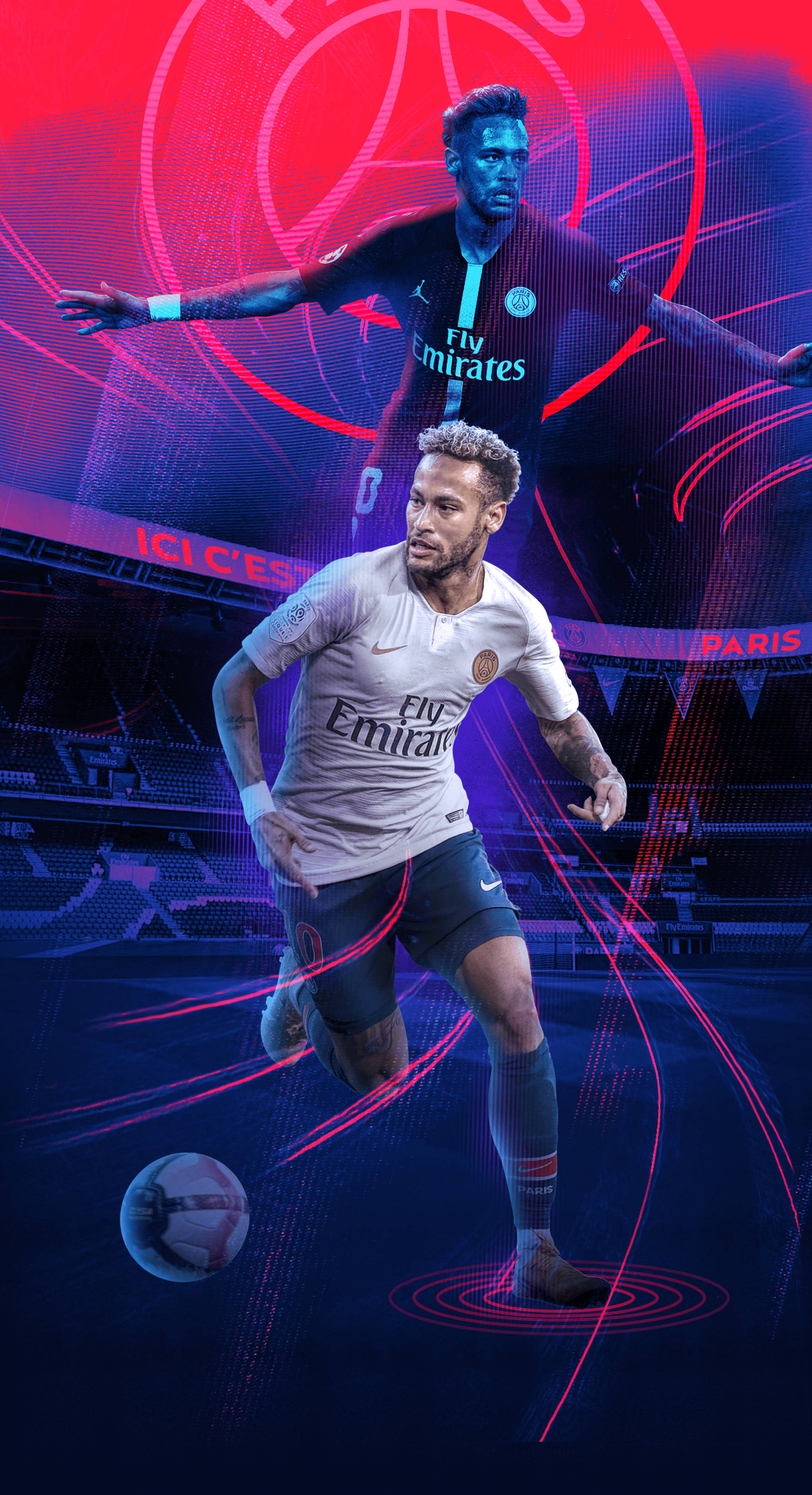 Neymar Jr, red and purple, vibrant digital stadium backdrop, 2K Phone Wallpaper