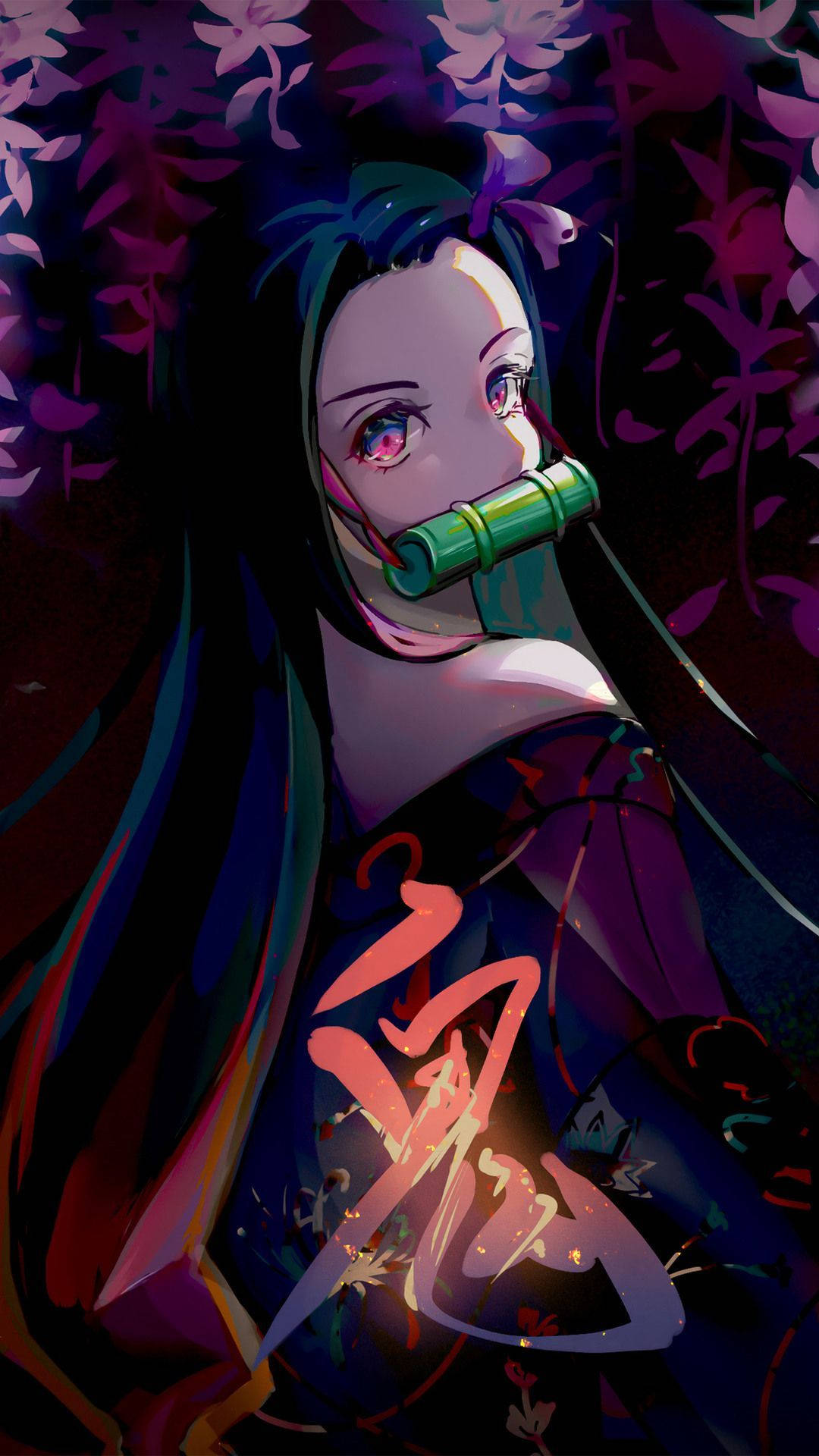 Nezuko, bamboo gag, glowing eyes, Full HD Phone Wallpaper