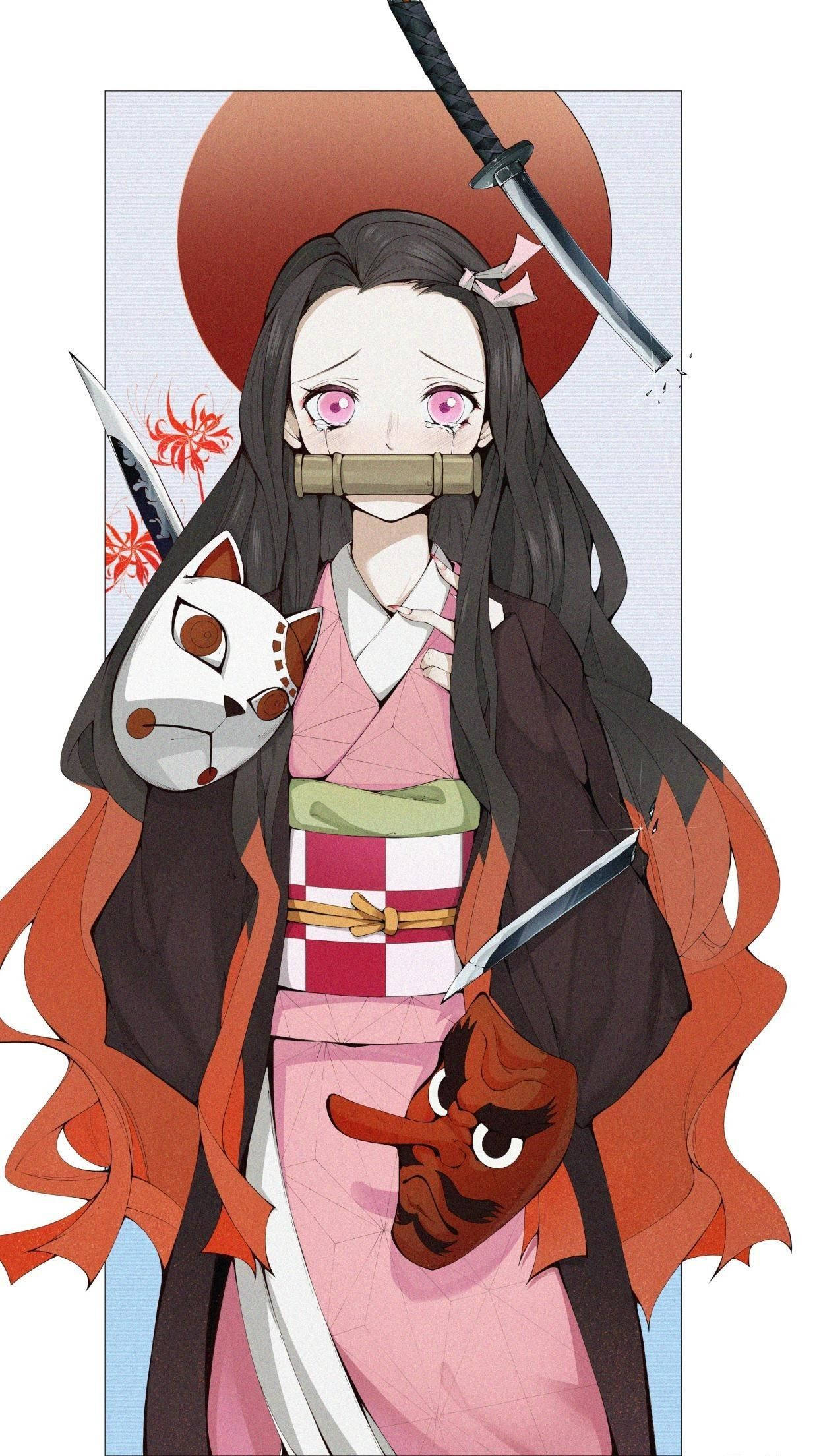 Nezuko, pink eyes, bamboo gag, Full HD Phone Wallpaper