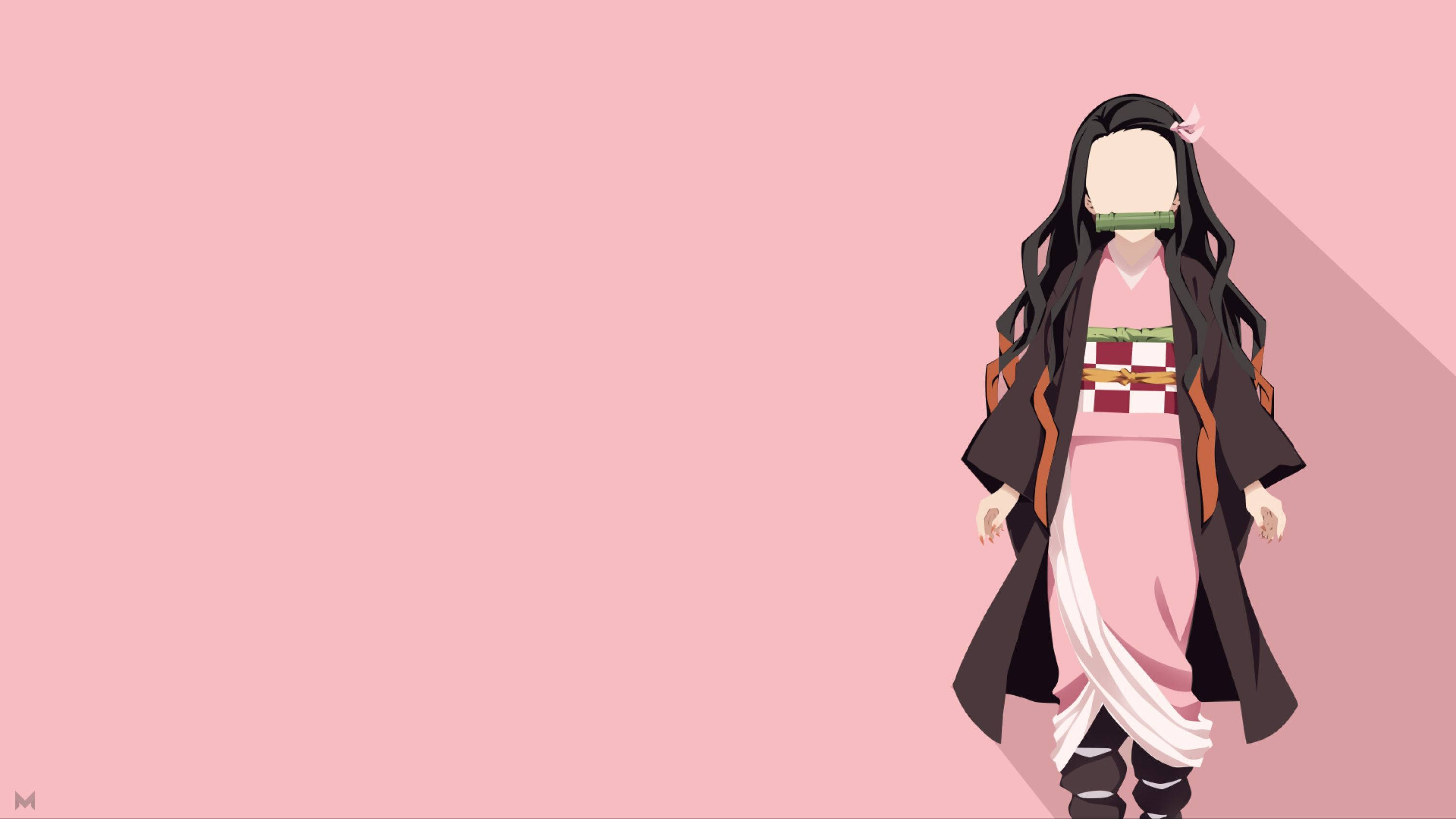 Nezuko Aesthetic, minimalist vector art, pink kimono, 2K Desktop Wallpaper