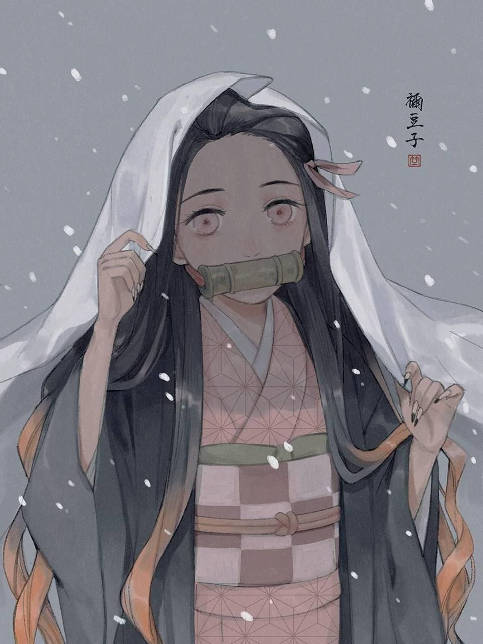 Nezuko, bamboo mask, falling snow, HD Phone Wallpaper