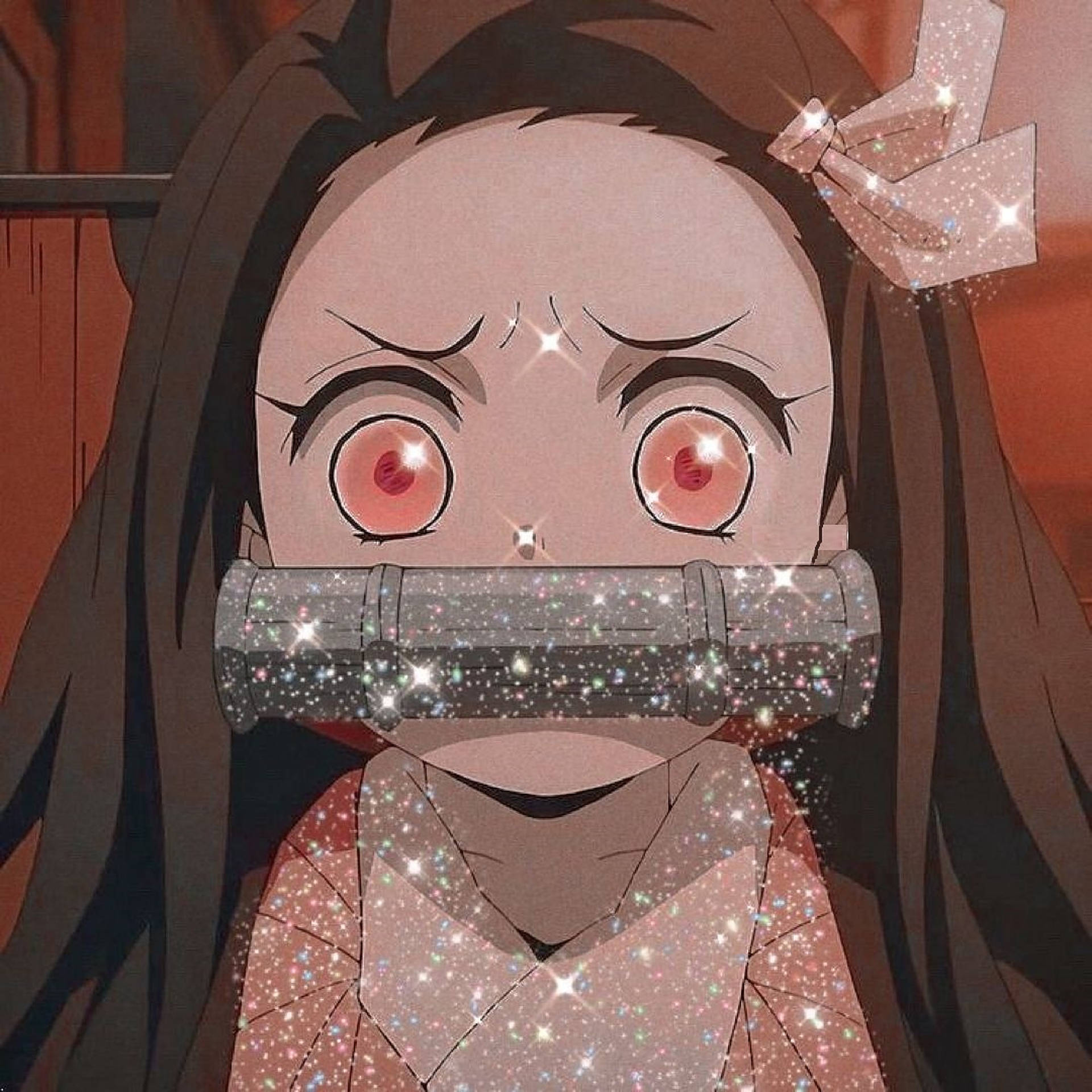 Nezuko, glittery bamboo gag, sparkly bow, Full HD Desktop Wallpaper