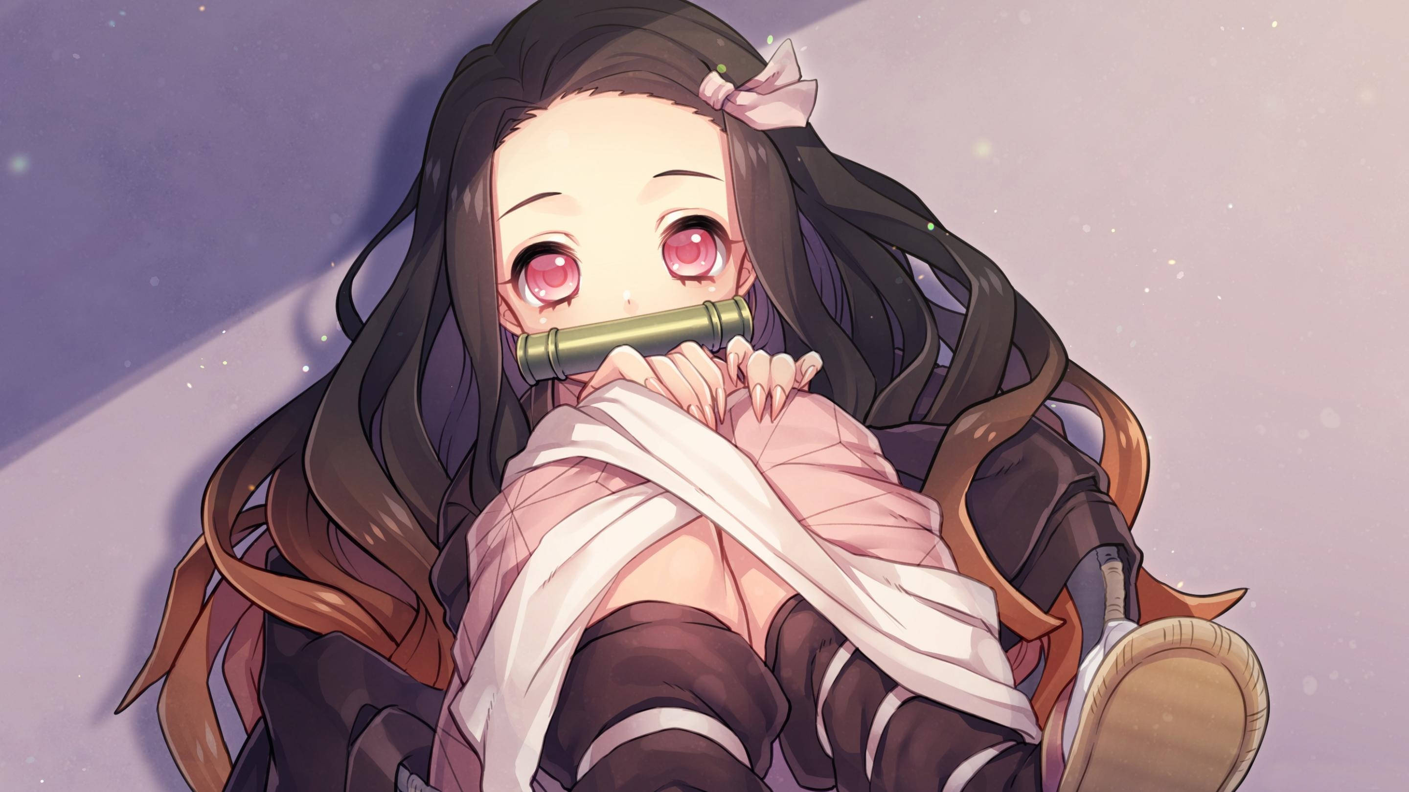 Nezuko, flute, long dark hair, 2K Desktop Wallpaper