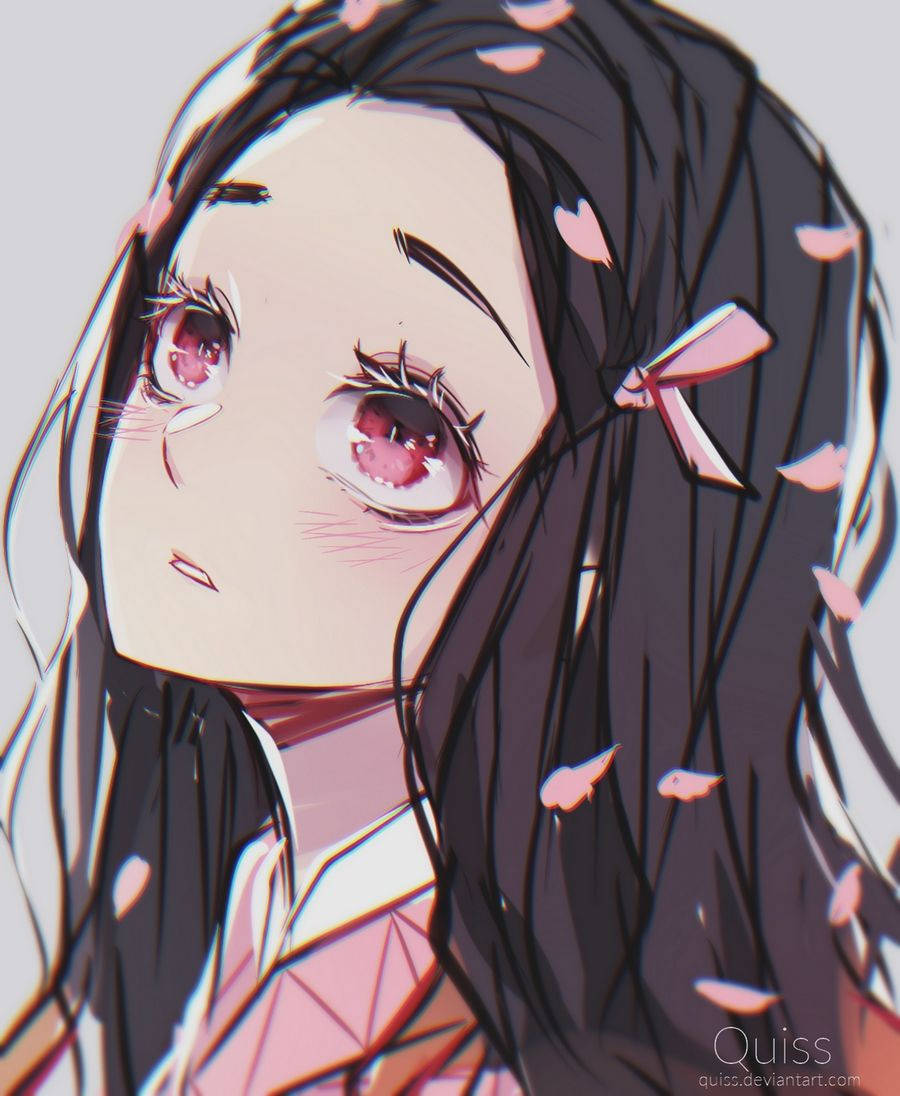 Nezuko, cherry blossoms, long dark hair, SD Phone Wallpaper
