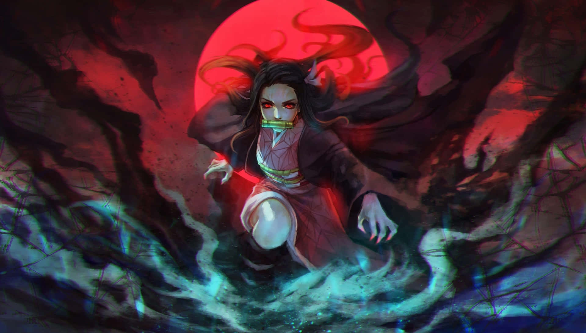 Nezuko, demon transformation, red and blue energy, Full HD Desktop Wallpaper