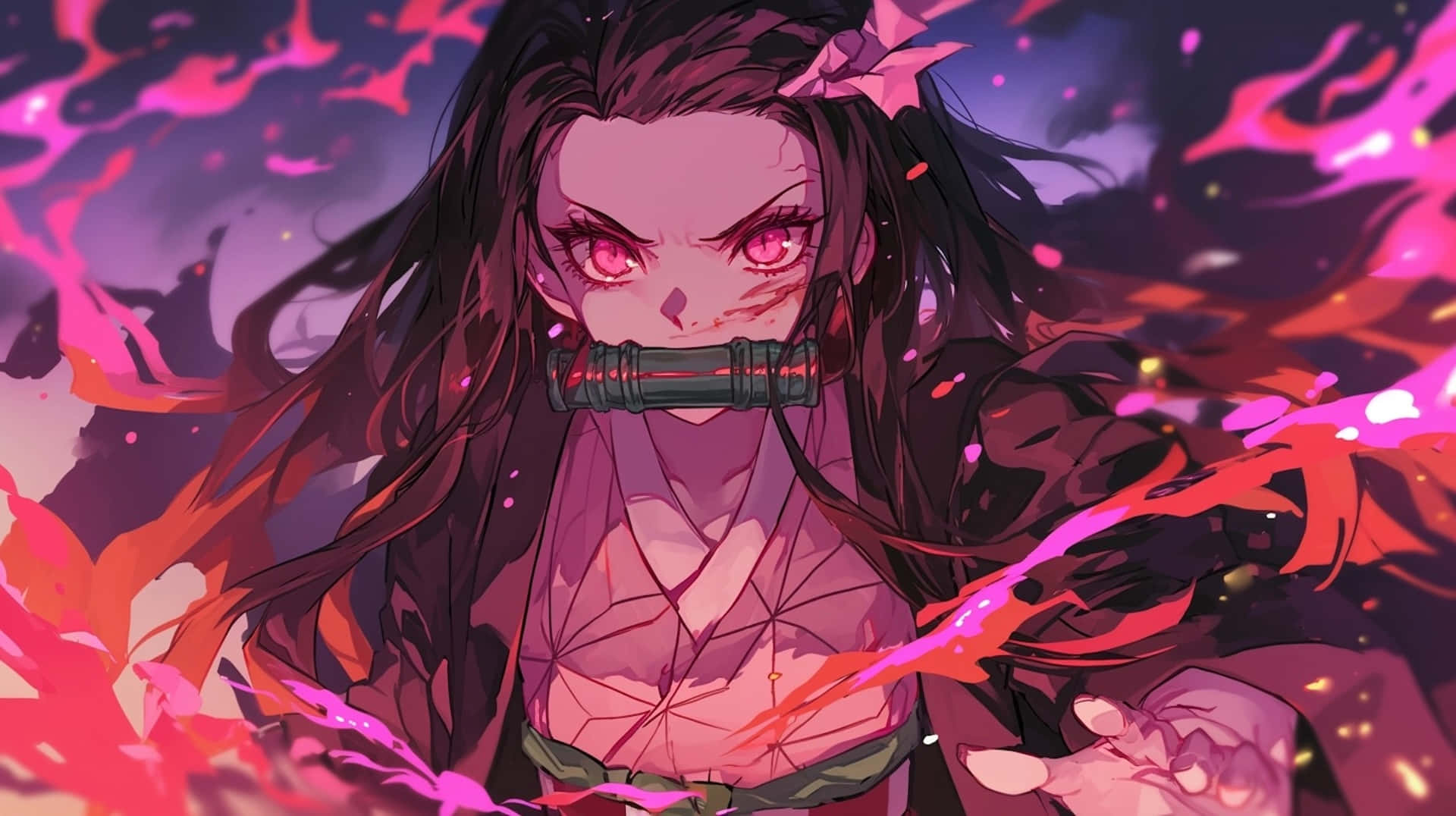 Nezuko Demon Form, glowing red eyes, dark hair, Full HD Desktop Wallpaper