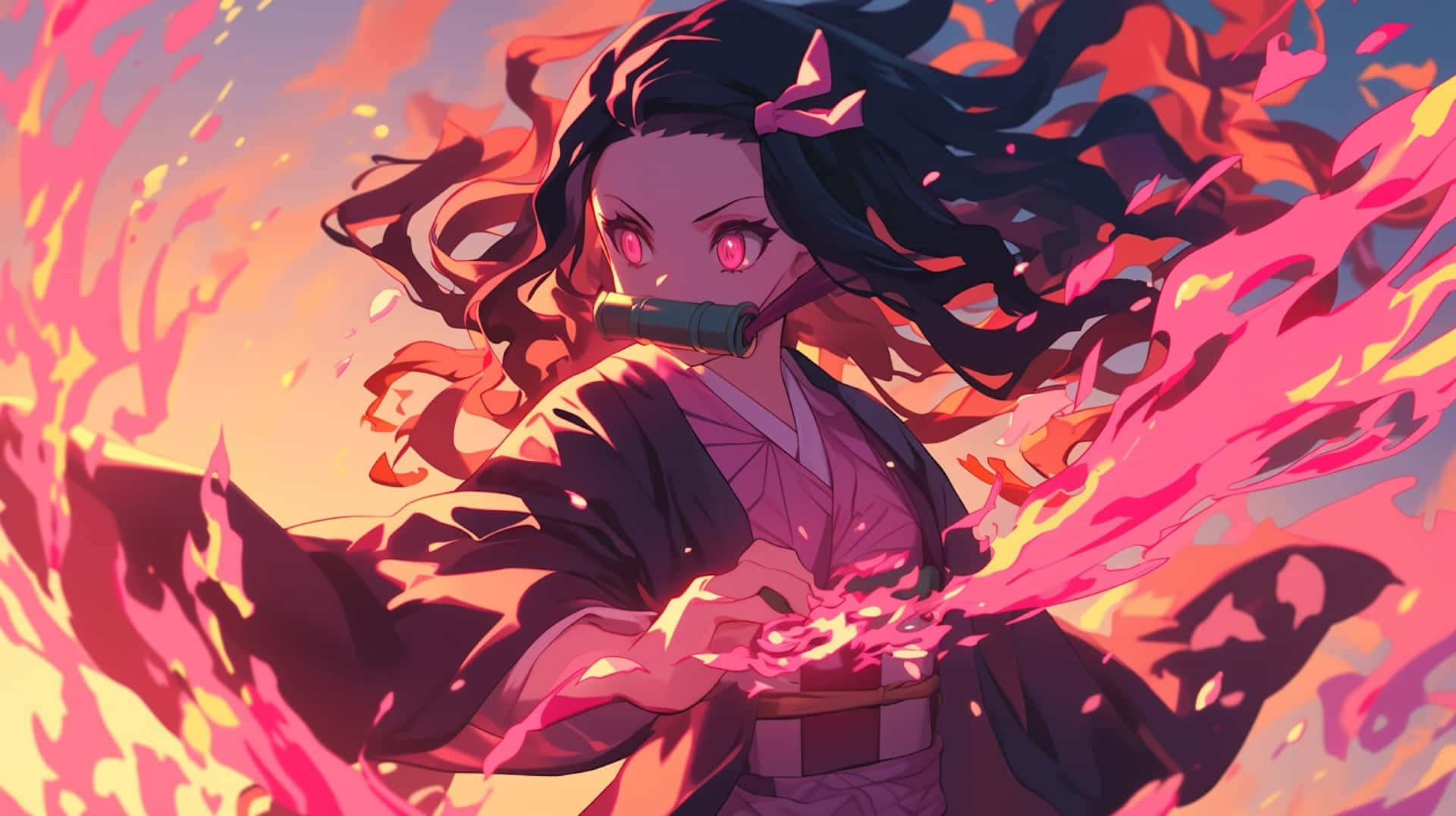Nezuko Demon Form, pink eyes, black hair, Full HD Desktop Wallpaper