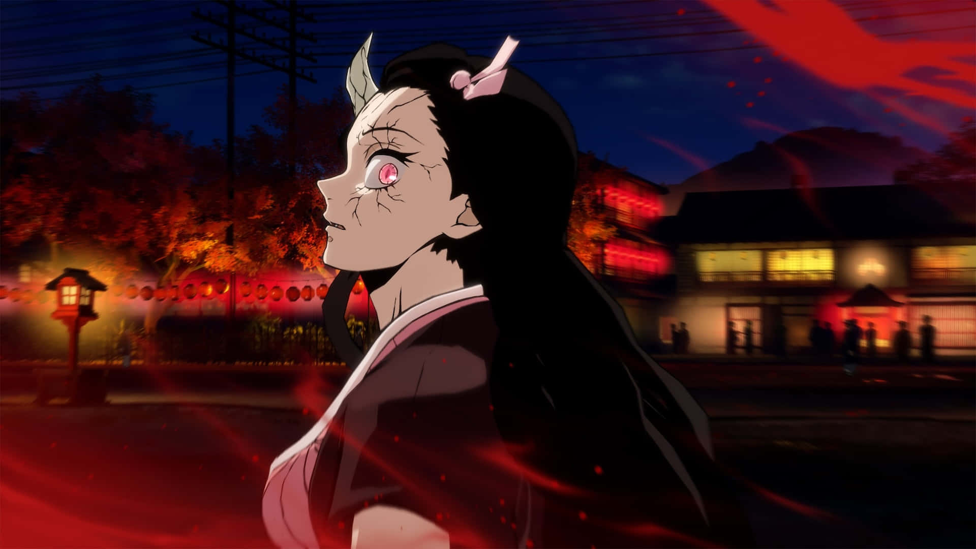 Nezuko Demon Form, red eyes, horns, Full HD Desktop Wallpaper