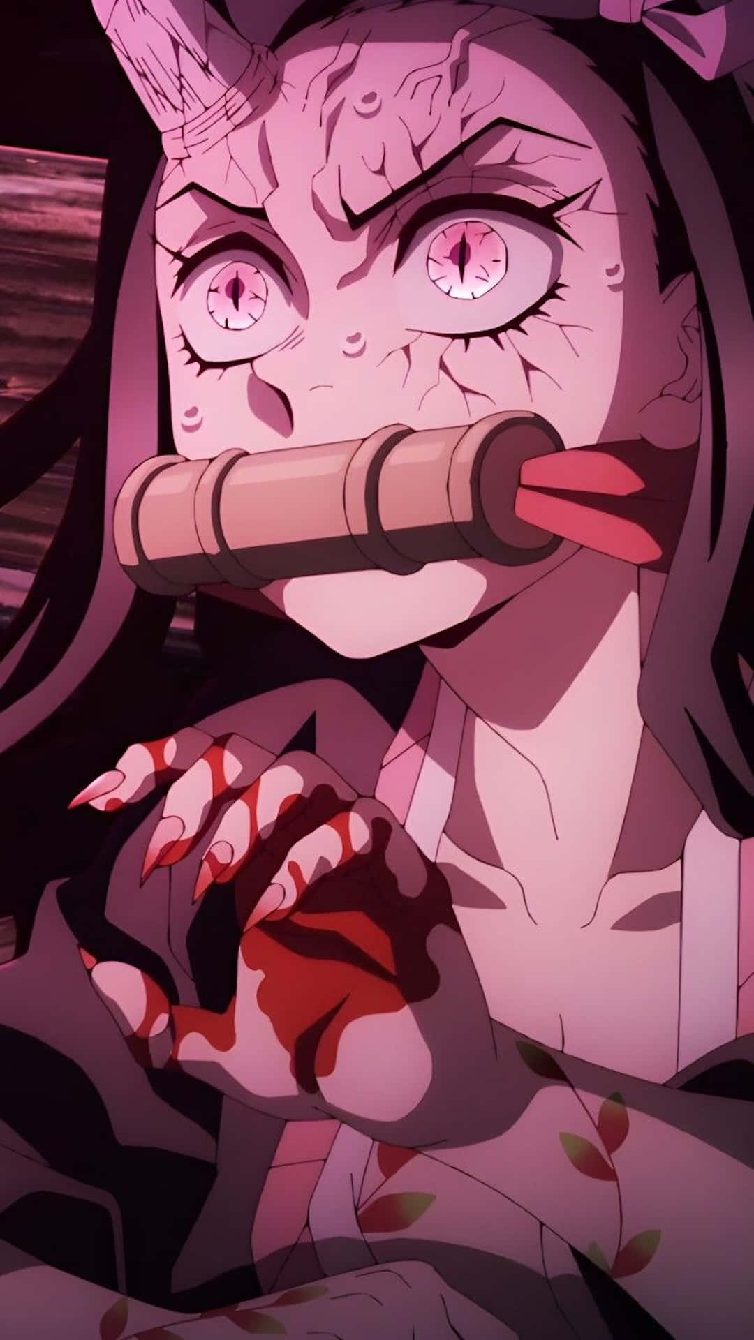 Nezuko Demon Form, pink eyes, horns, Full HD Phone Wallpaper