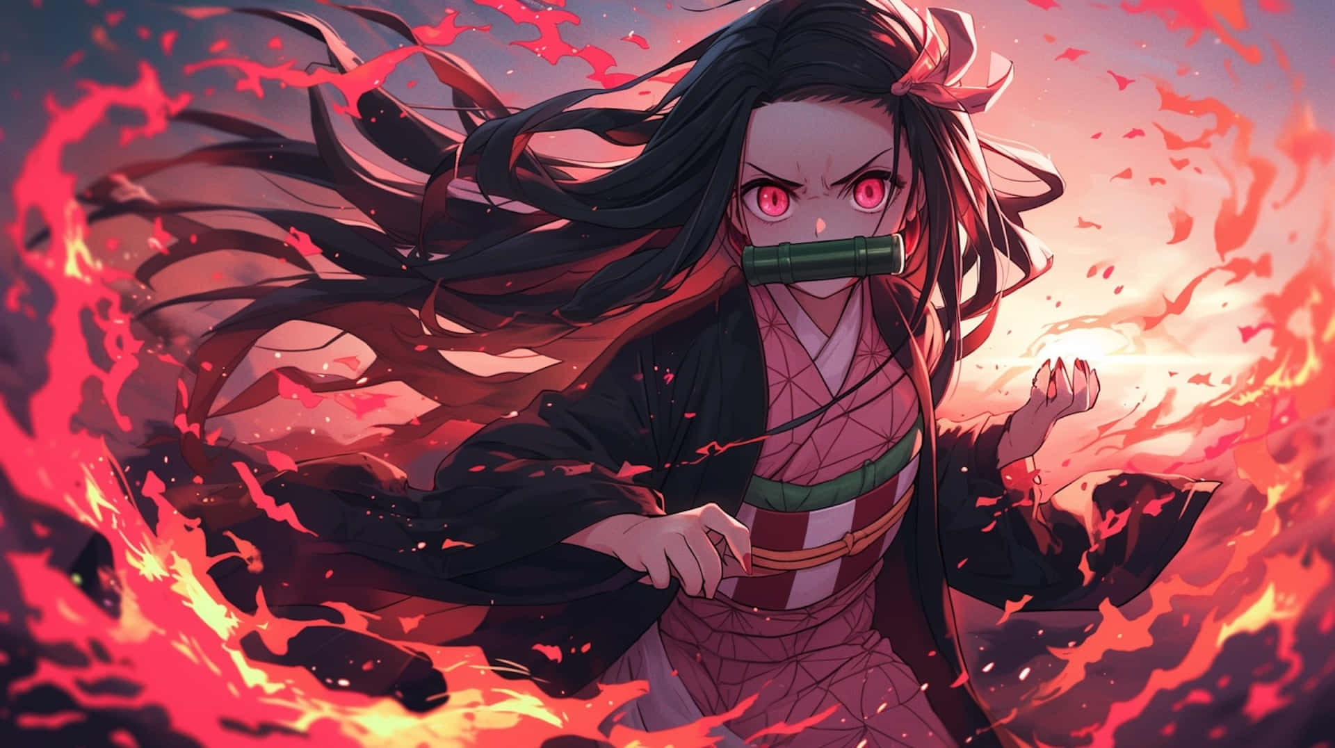 Nezuko Demon Form, glowing red eyes, flowing black hair, Full HD Desktop Wallpaper